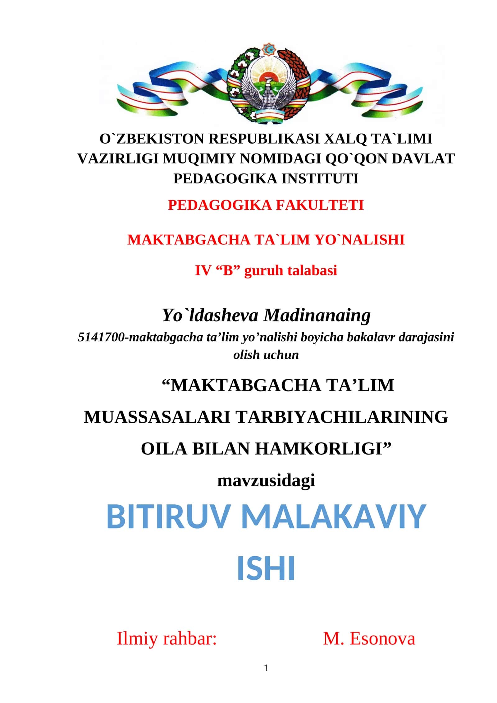 MAKTABGACHA TA’LIM MUASSASALARI  TARBIYACHILARINING OILA BILAN HAMKORLIGI