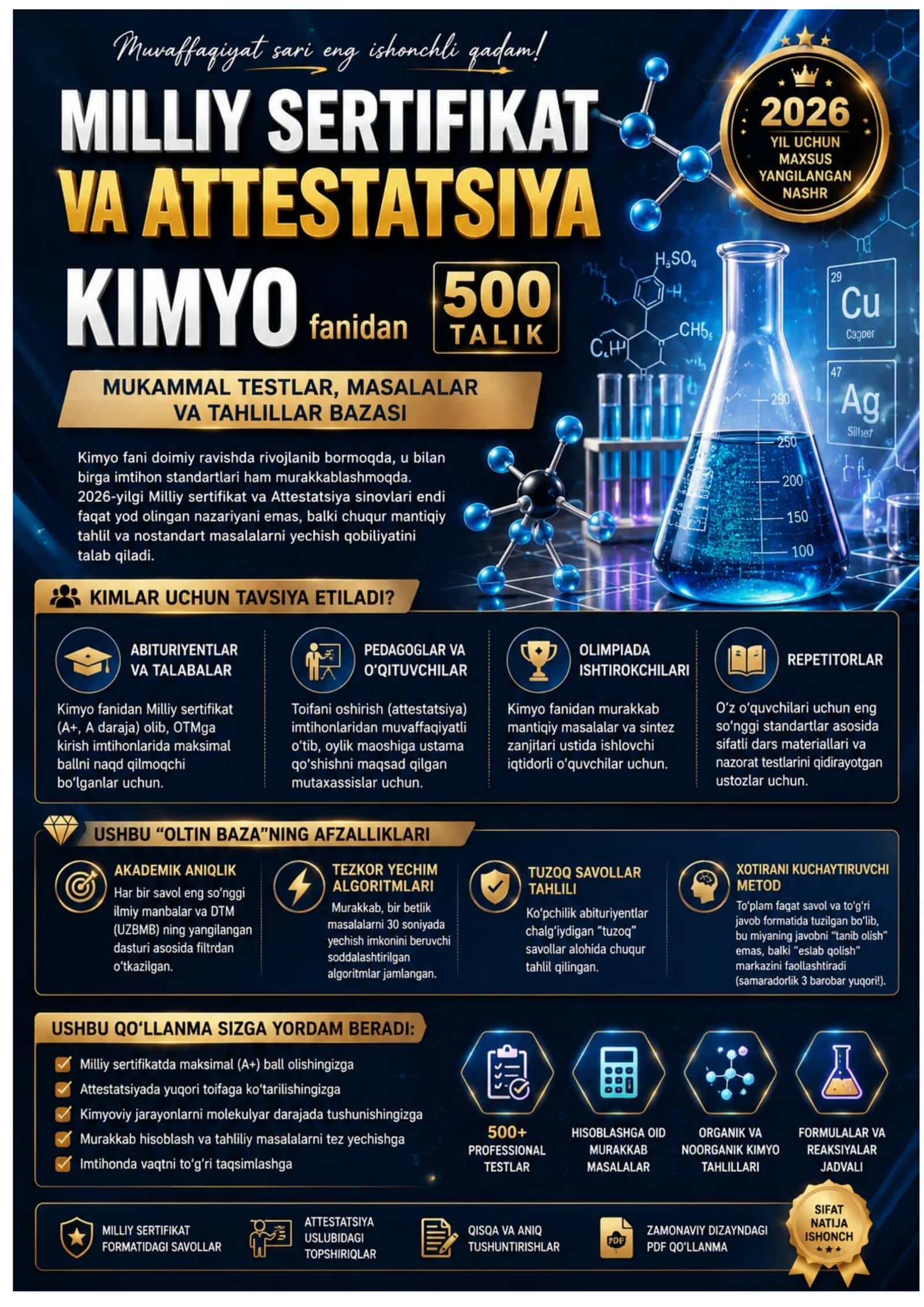MILLIY SERTIFIKAT VA ATTESTATSIYA KIMYO FANIDAN MUKAMMAL TESTLAR,MASALALAR TAHLILLI 2026