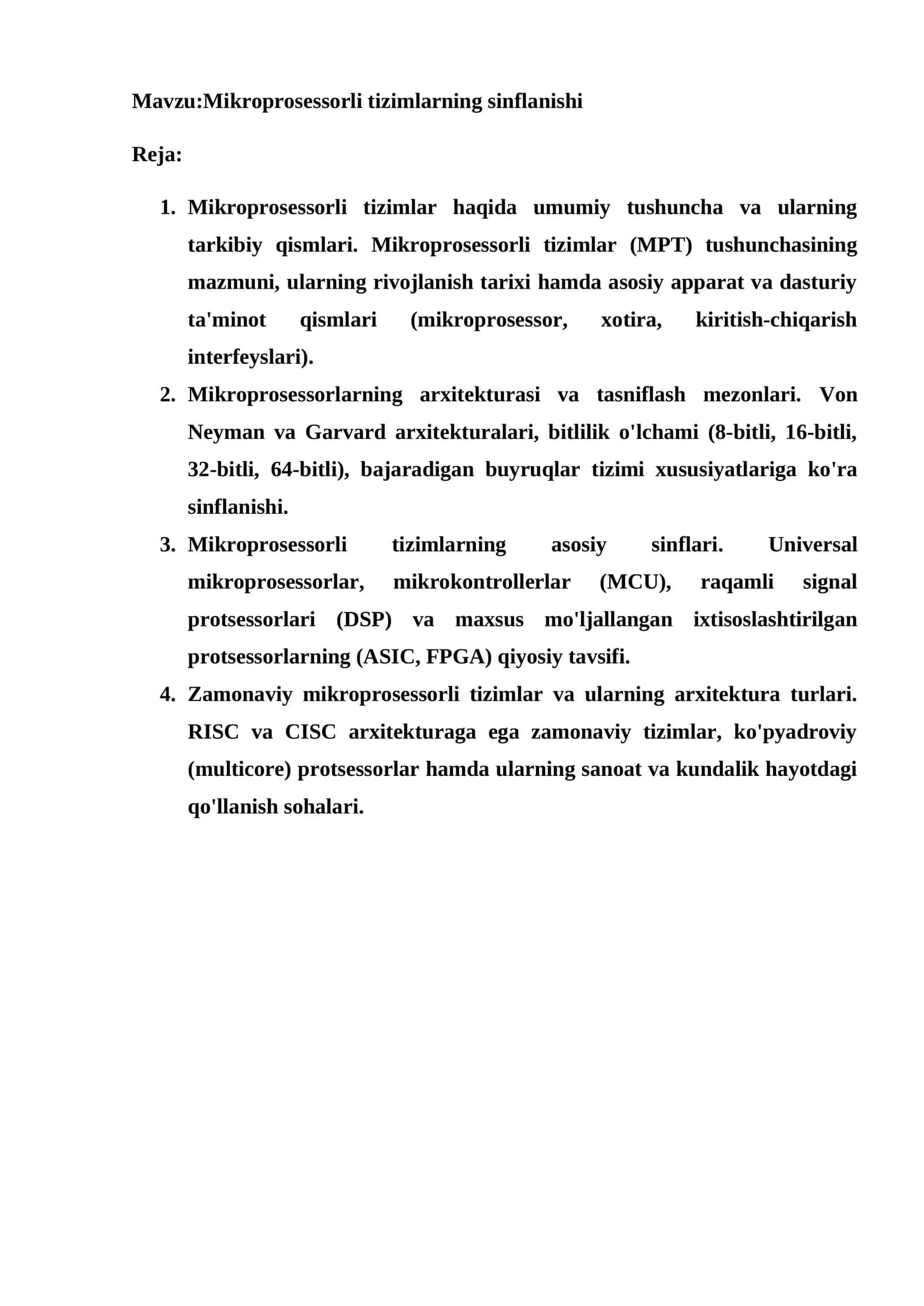 pdf. Mikroprosessorli tizimlarning sinflanishi