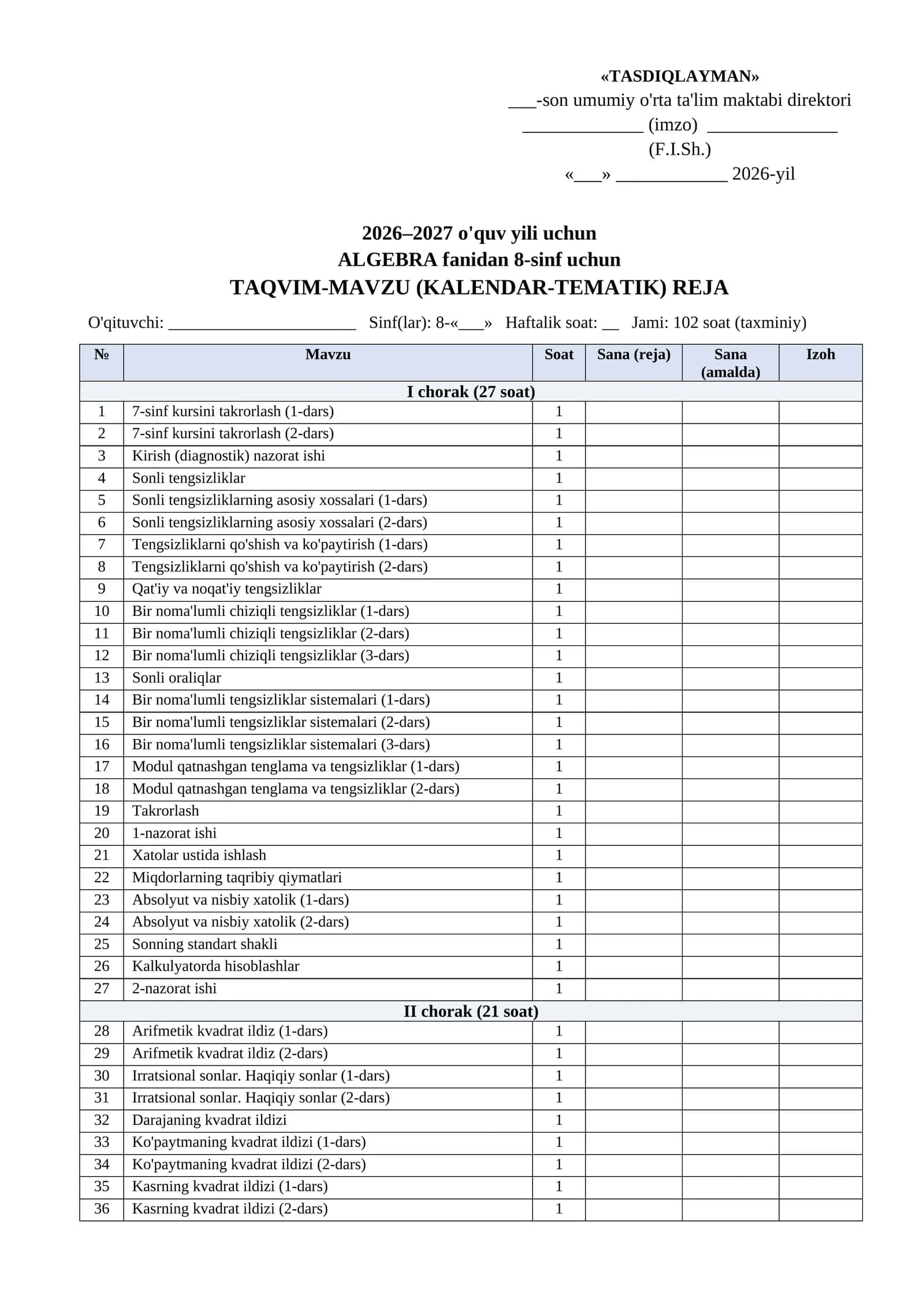 Kalendar tematik reja 2026-2027 8 sinf Algebra word tayyorgarlik toplami