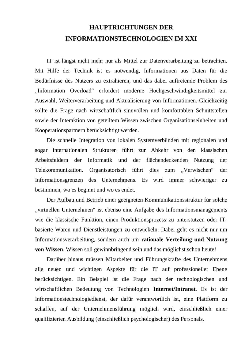HAUPTRICHTUNGEN DER INFORMATIONSTECHNOLOGIEN IM XXI