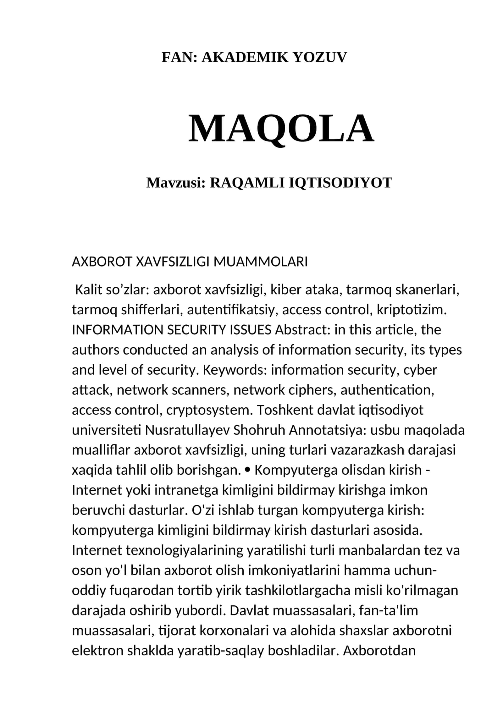 FAN: AKADEMIK YOZUV