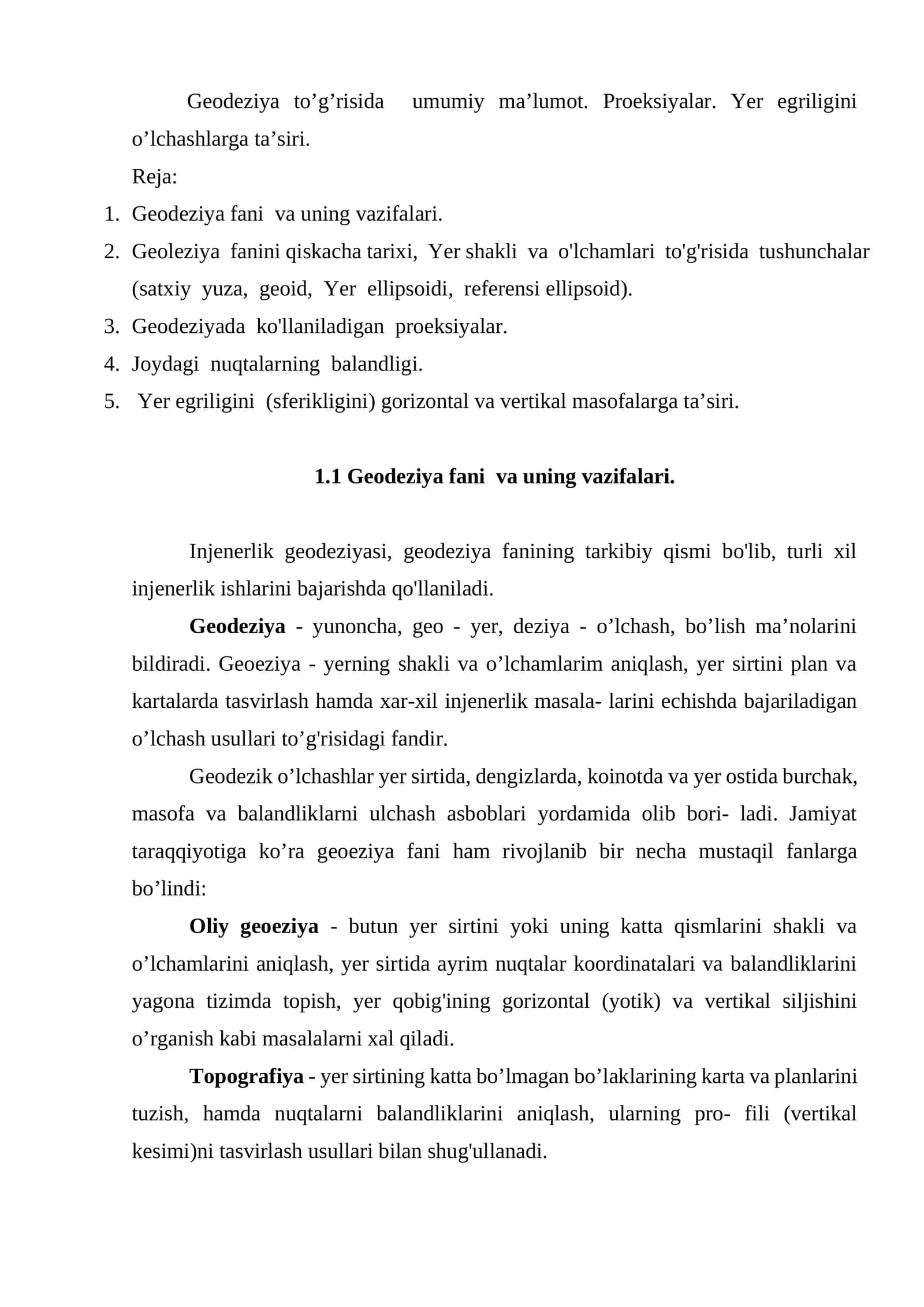 Geodeziya to’g’risida umumiy ma’lumot