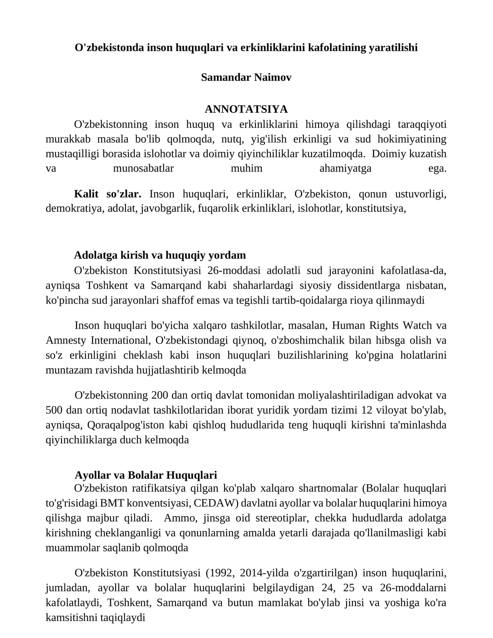 O'zbekistonda inson huquqlari va erkinliklarini kafolatining yaratilishi