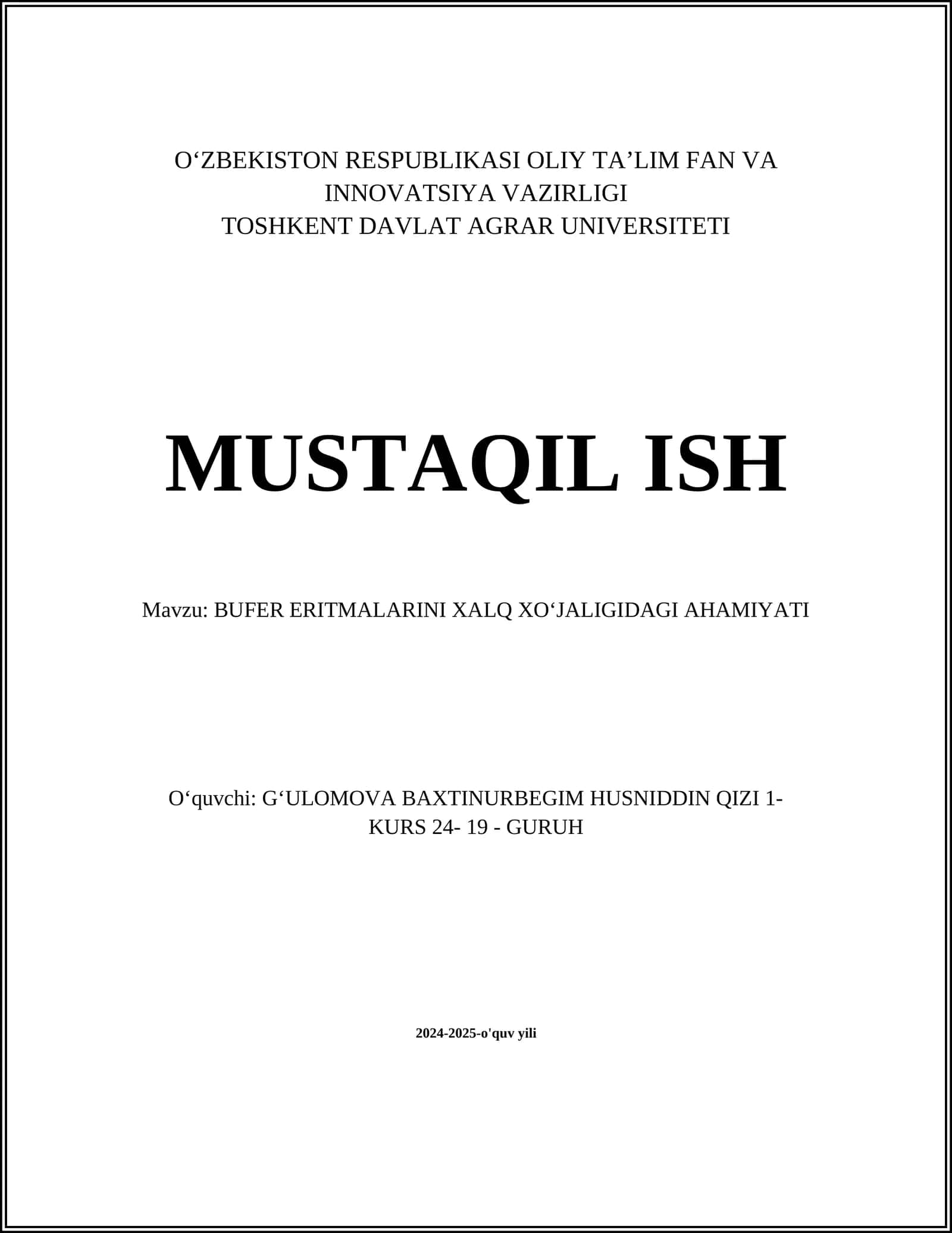 BUFER ERITMALARINI XALQ XOʻJALIGIDAGI AHAMIYATI