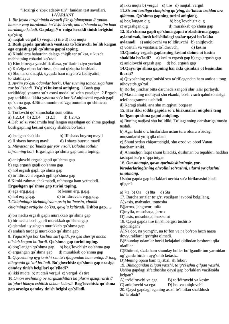 ’’Hozirgi o‘zbek adabiy tili’’ fanidan test savollari