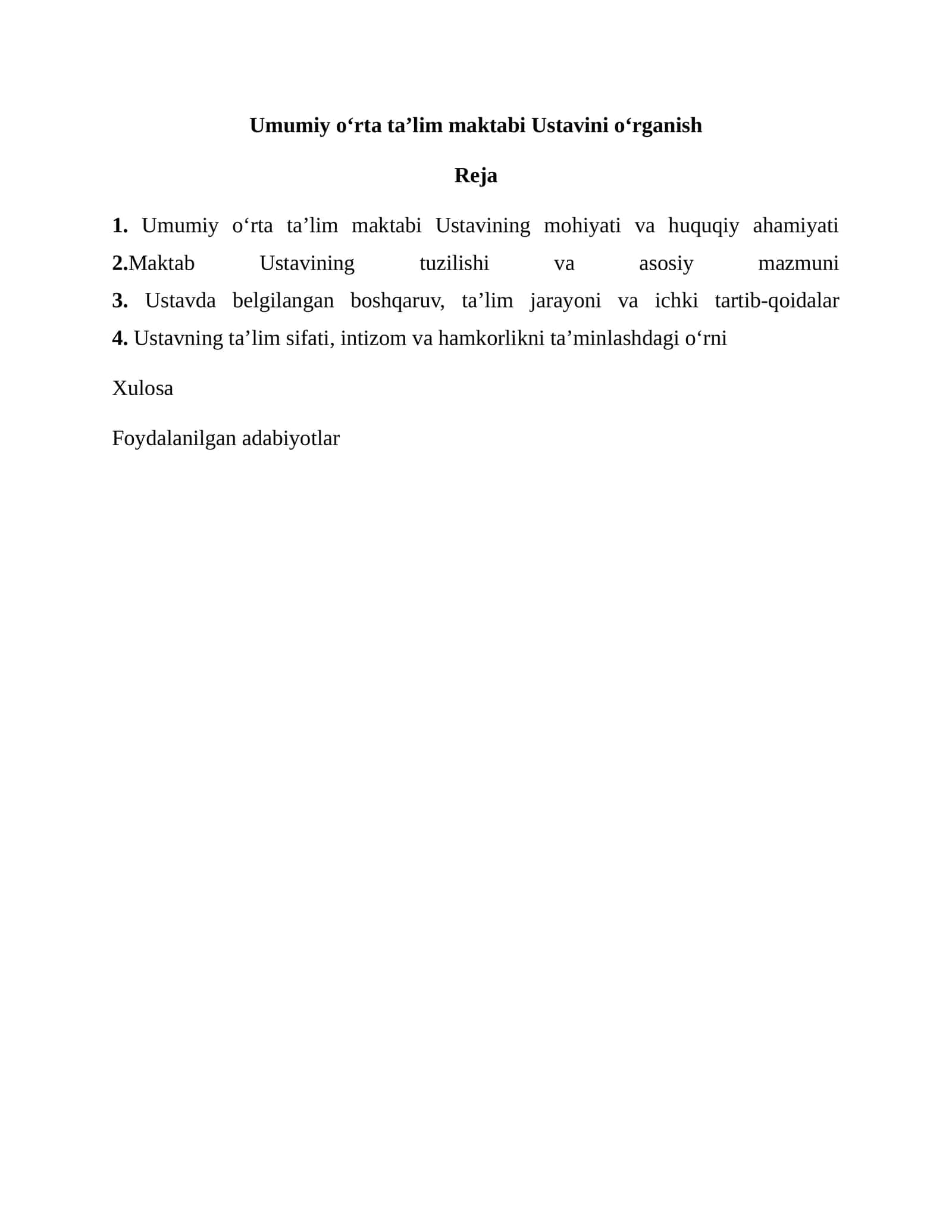 Umumiy o‘rta ta’lim maktabi Ustavini o‘rganish