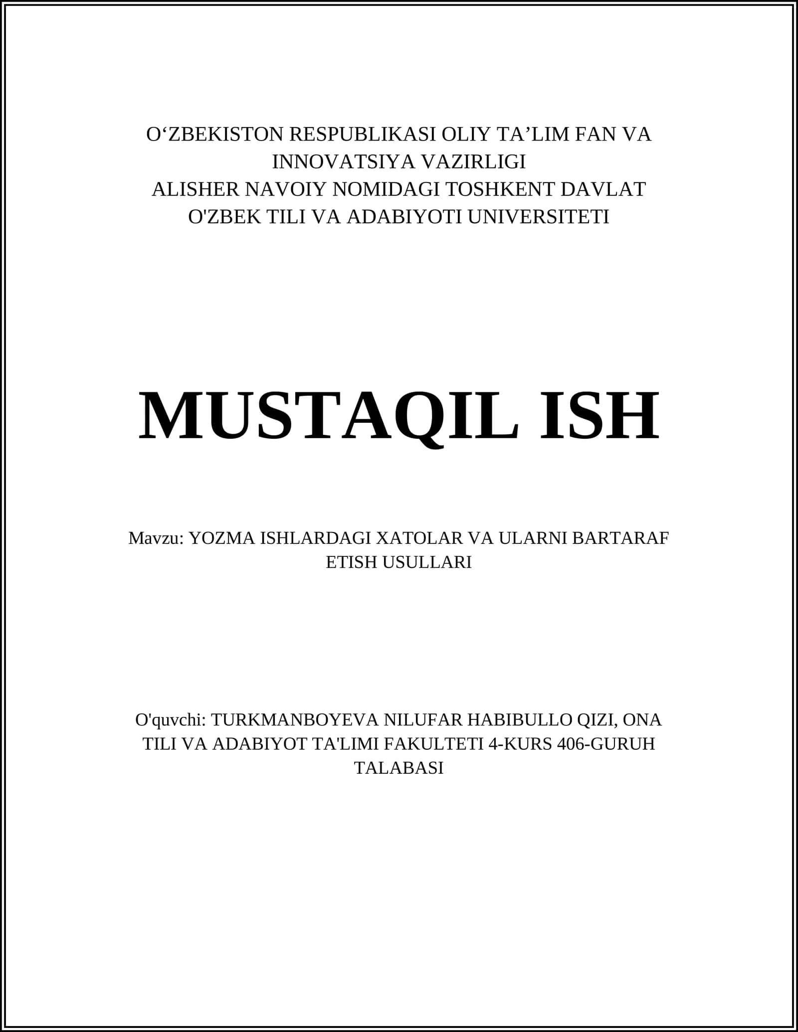 YOZMA ISHLARDAGI XATOLAR VA ULARNI BARTARAF ETISH USULLARI