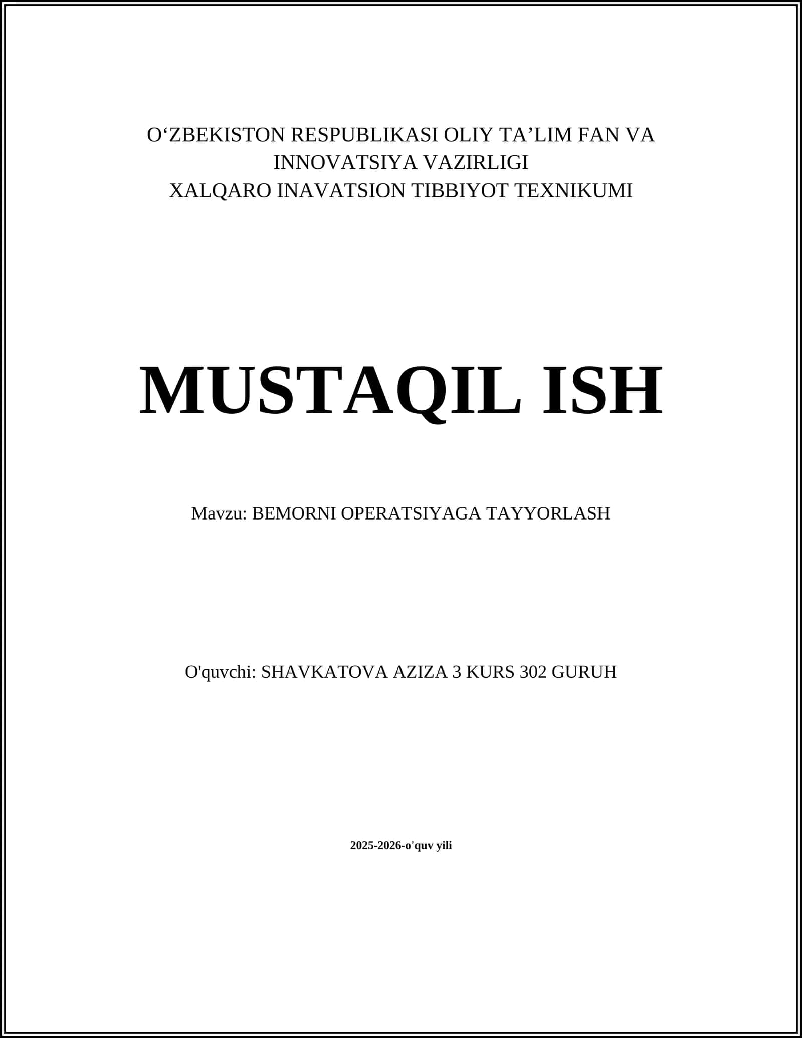 BEMORNI OPERATSIYAGA TAYYORLASH