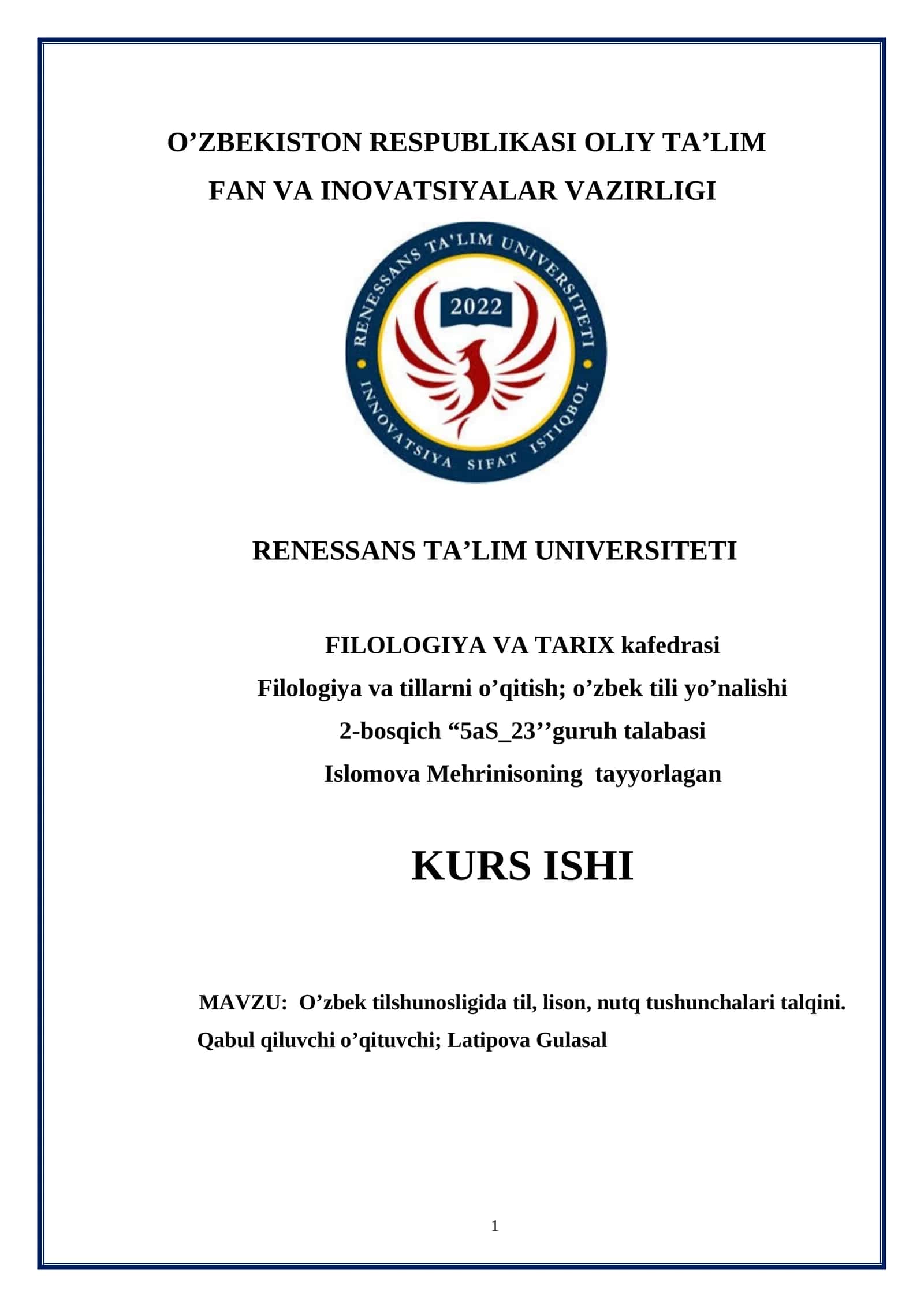 O’zbek tilshunosligida til, lison, nutq tushunchalari talqini