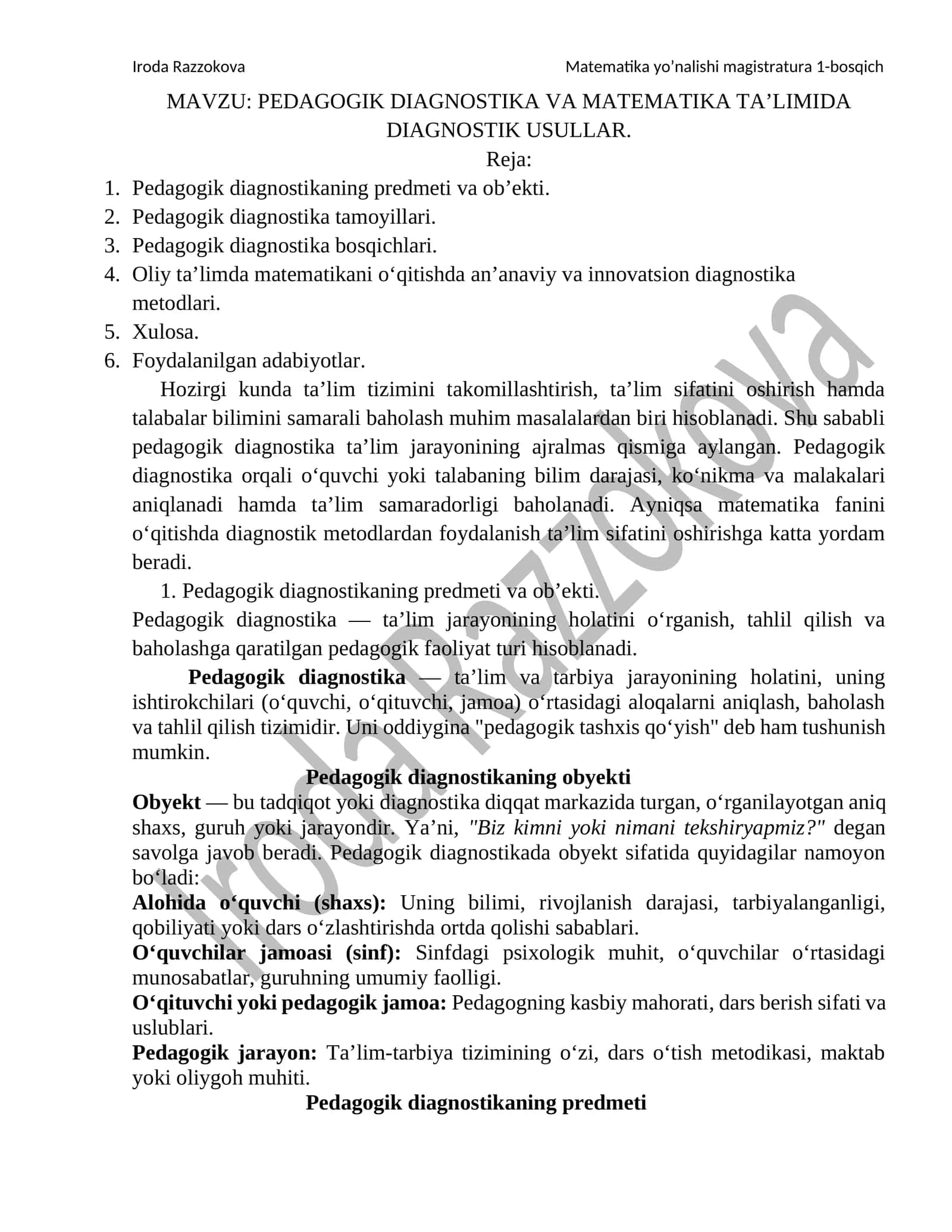 MAVZU: PEDAGOGIK DIAGNOSTIKA VA MATEMATIKA TA’LIMIDA DIAGNOSTIK USULLAR