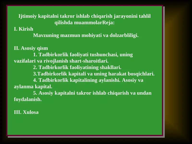 Ijtimoiy kapitalni takror ishlab chiqarish jarayonini tahlil qilish