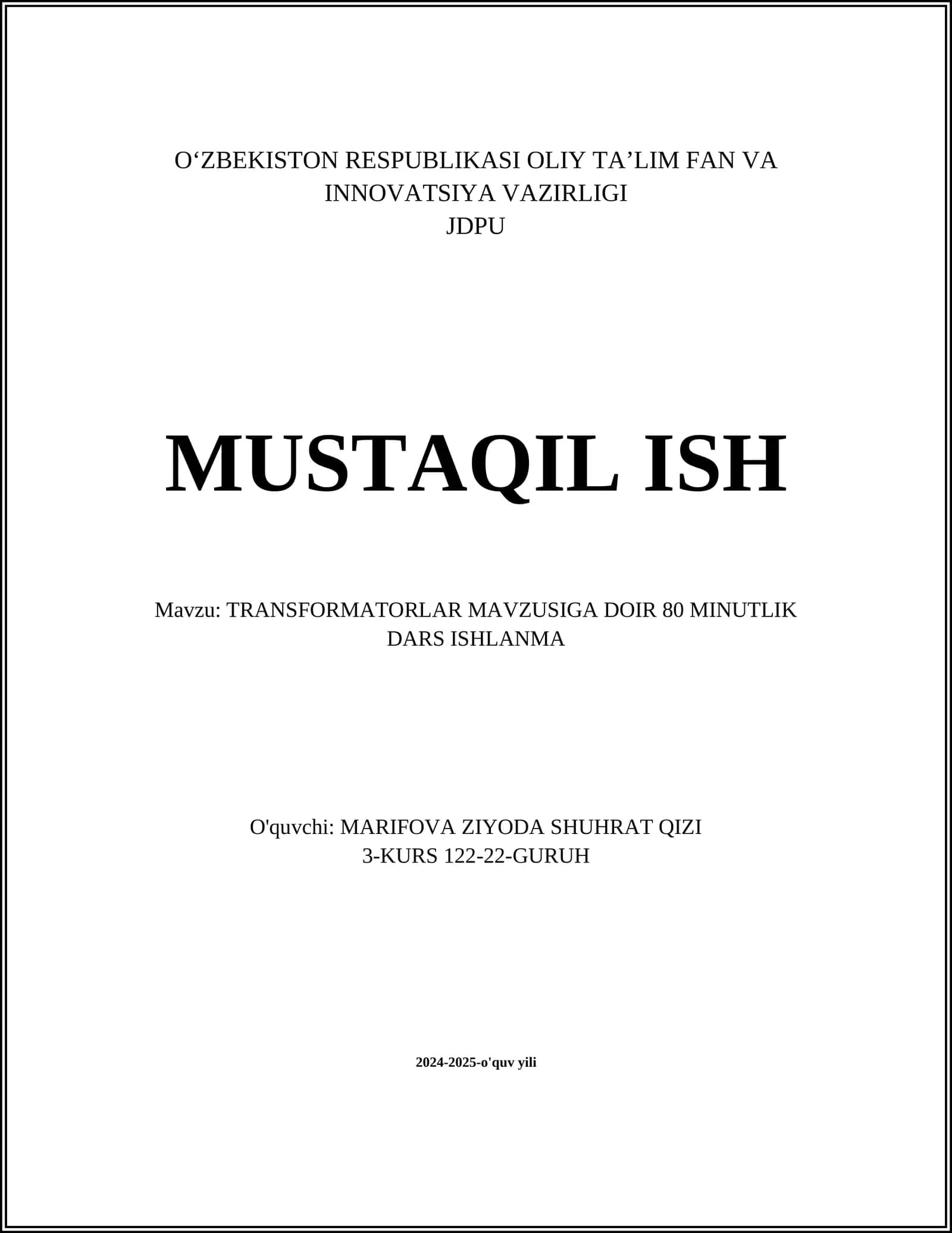 TRANSFORMATORLAR MAVZUSIGA DOIR 80 MINUTLIK DARS ISHLANMA