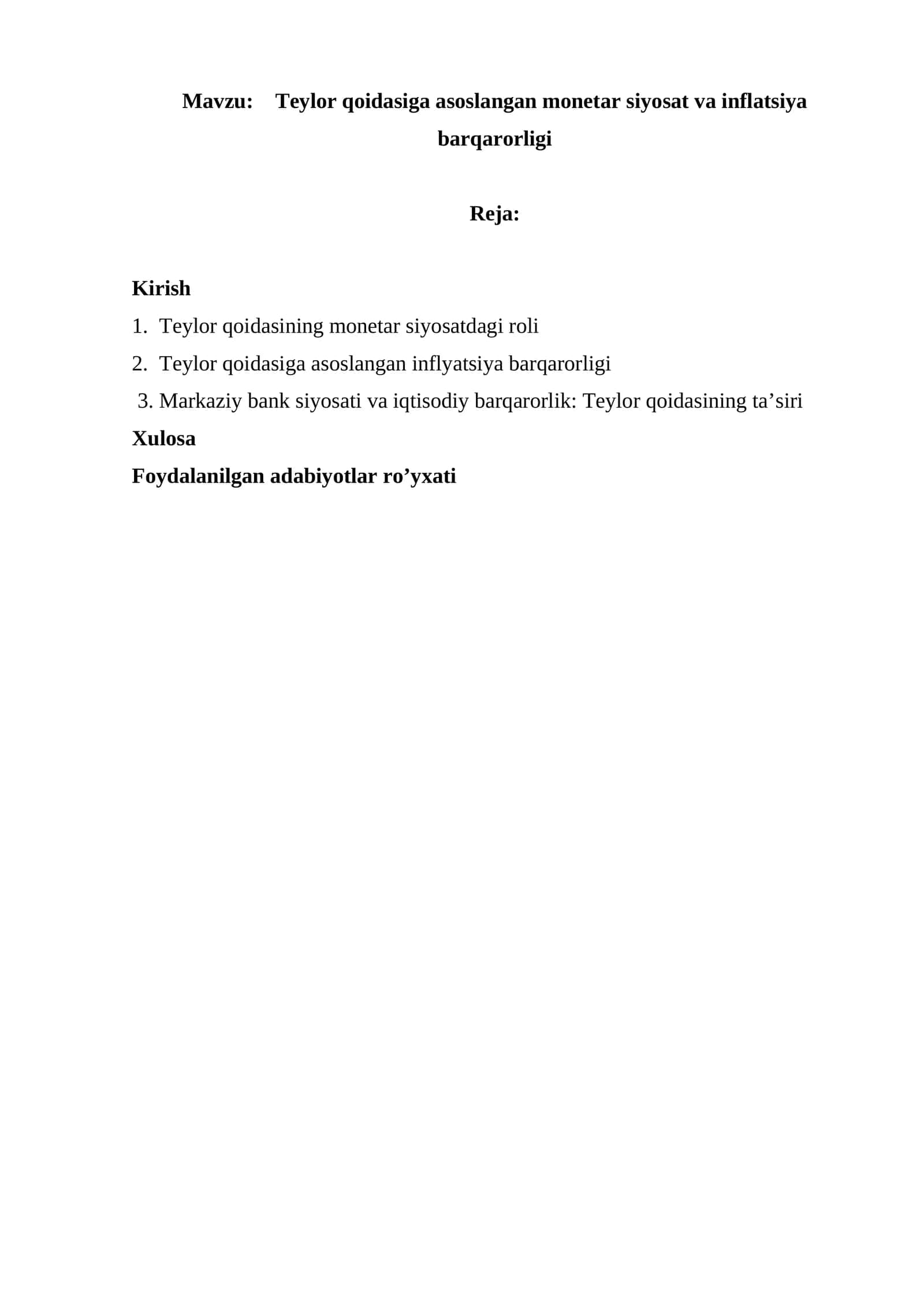 Teylor qoidasiga asoslangan monetar siyosat va inflatsiya barqarorligi