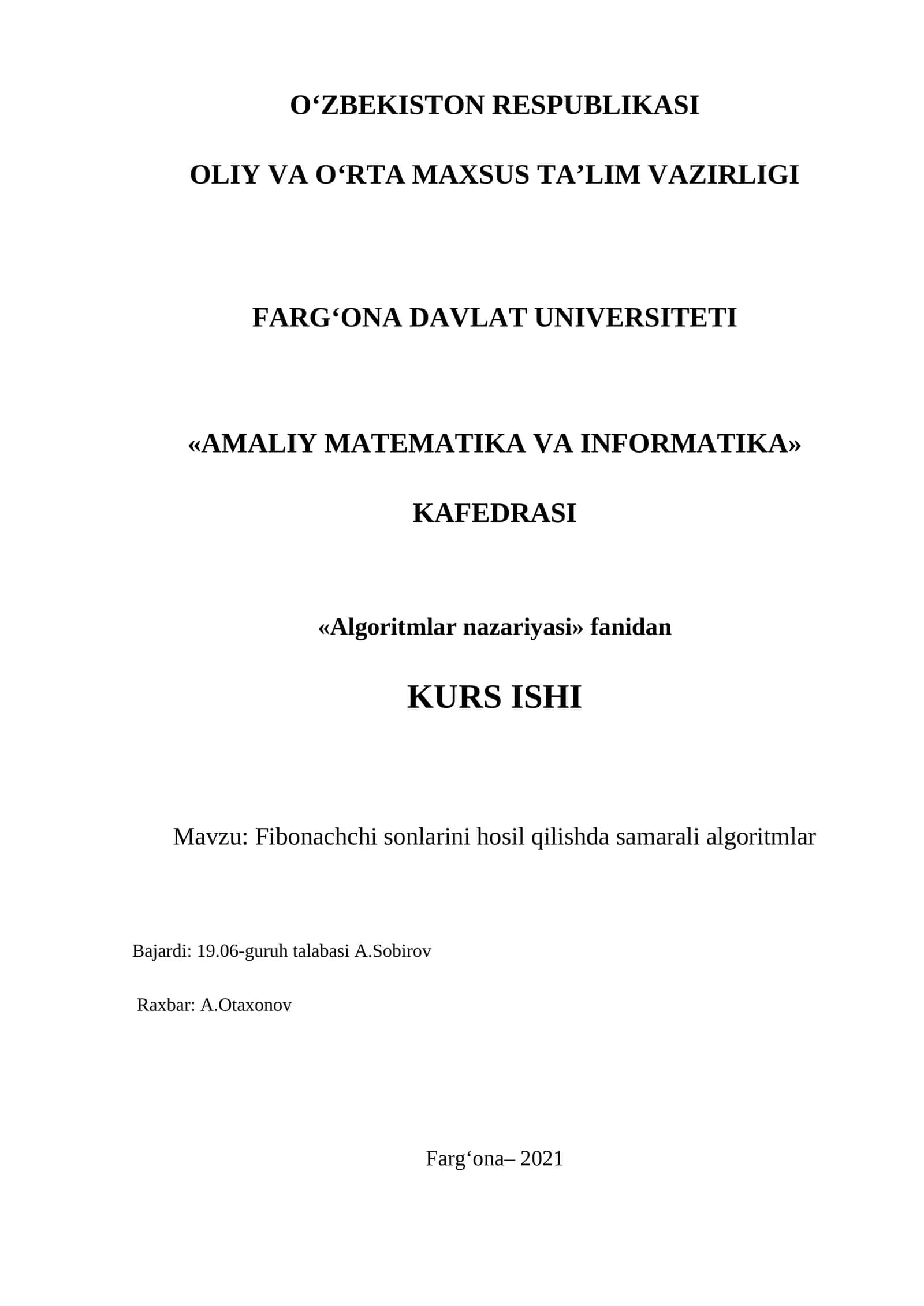 [Fibonachchi sonlarini hosil qilishda samarali algoritmlar]