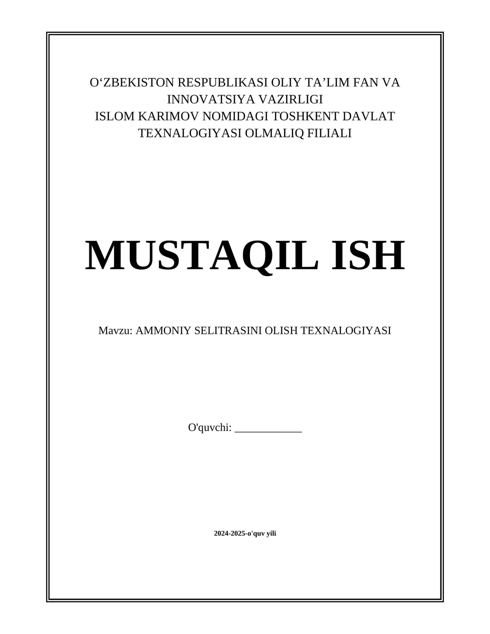 AMMONIY SELITRASINI OLISH TEXNALOGIYASI