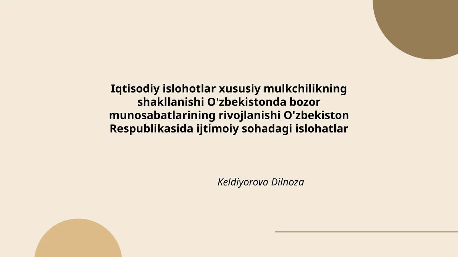 Iqtisodiy islohotlar xususiy mulkchilikning shakllanishi O'zbekistonda bozor munosabatlarining rivojlanishi O'zbekiston Respublikasida ijtimoiy sohadagi islohatlar