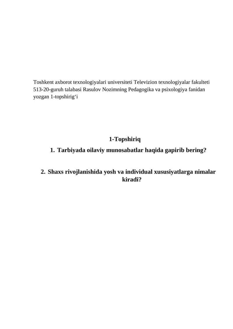 Pedagogika va psixologiya fanidan yozgan 1-topshirigʻi
