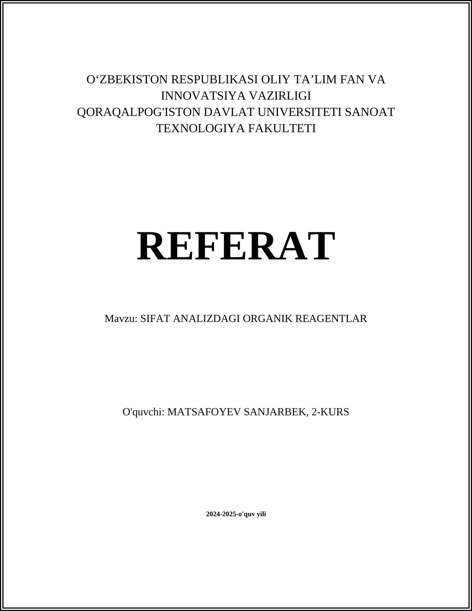 SIFAT ANALIZDAGI ORGANIK REAGENTLAR