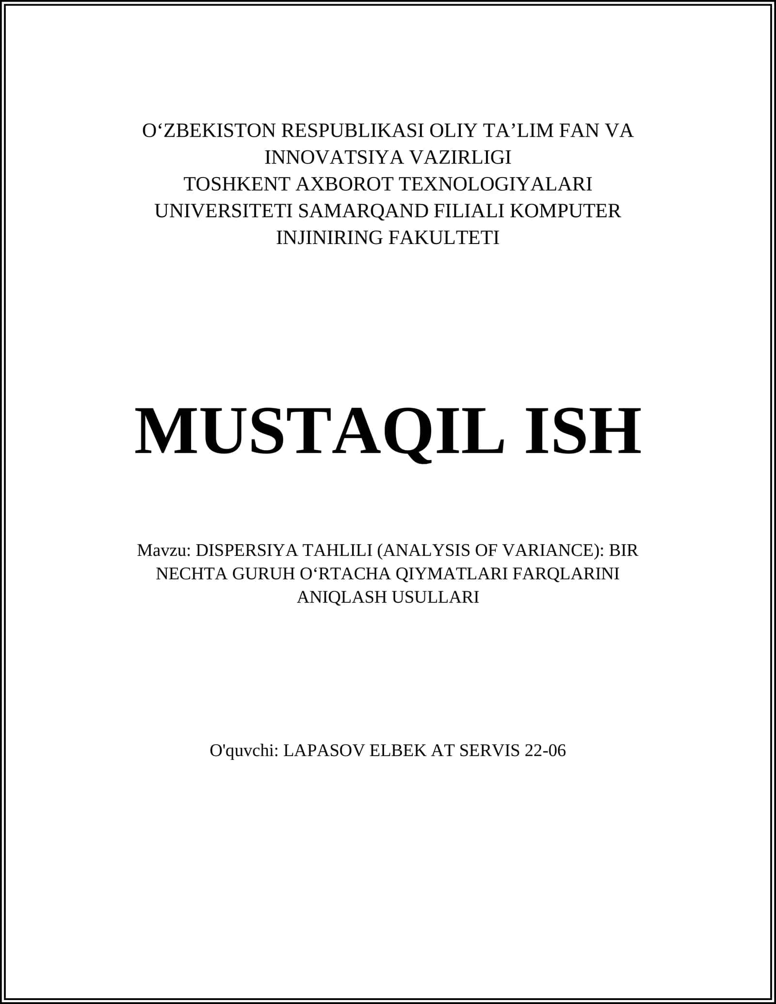 DISPERSIYA TAHLILI (ANALYSIS OF VARIANCE)