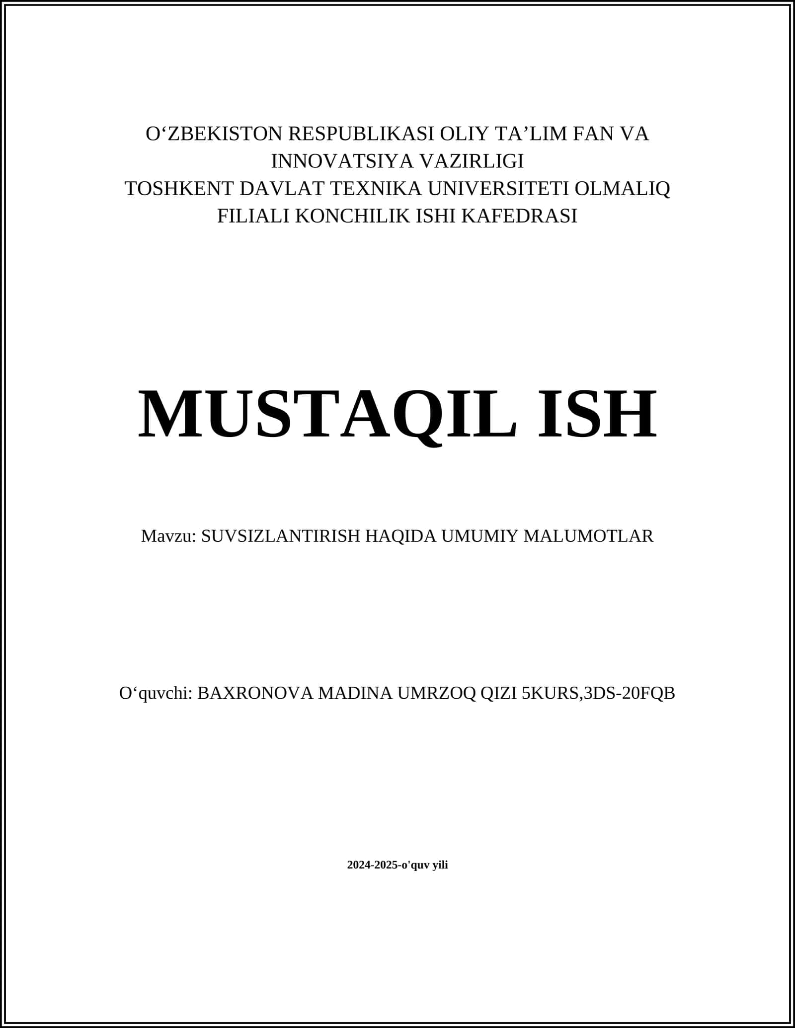 SUVSIZLANTIRISH HAQIDA UMUMIY MALUMOTLAR