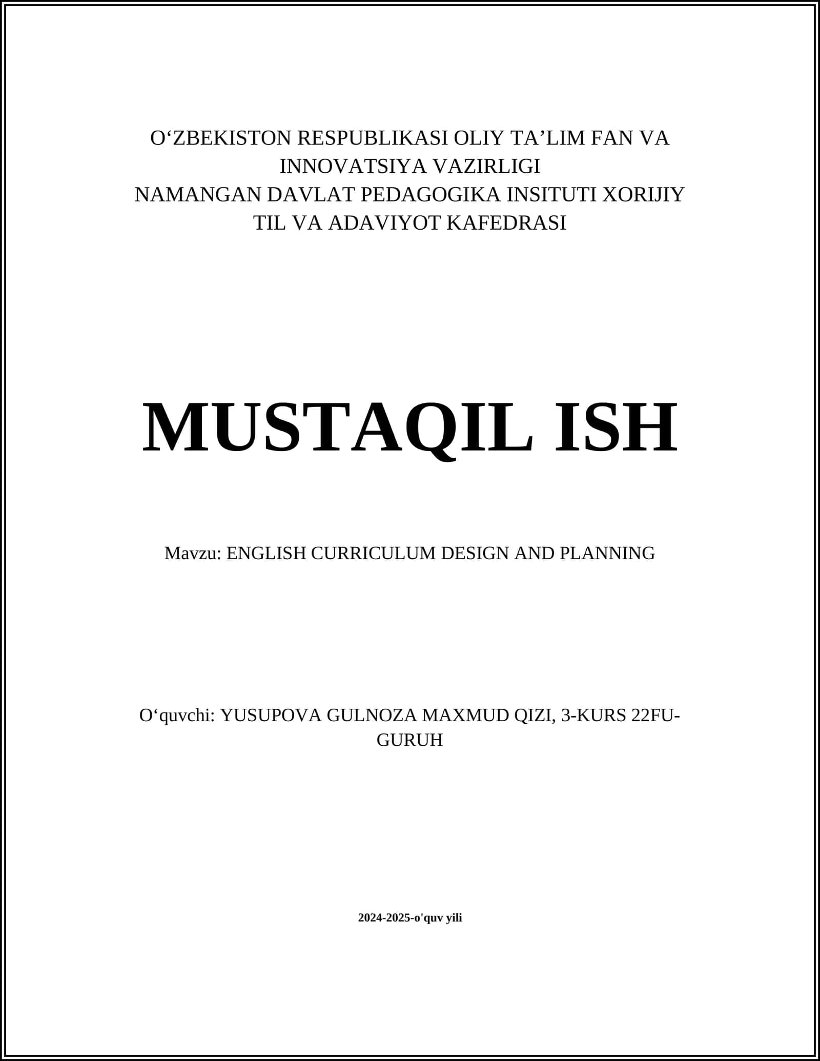 ENGLISH CURRICULUM DESIGN AND PLANNING