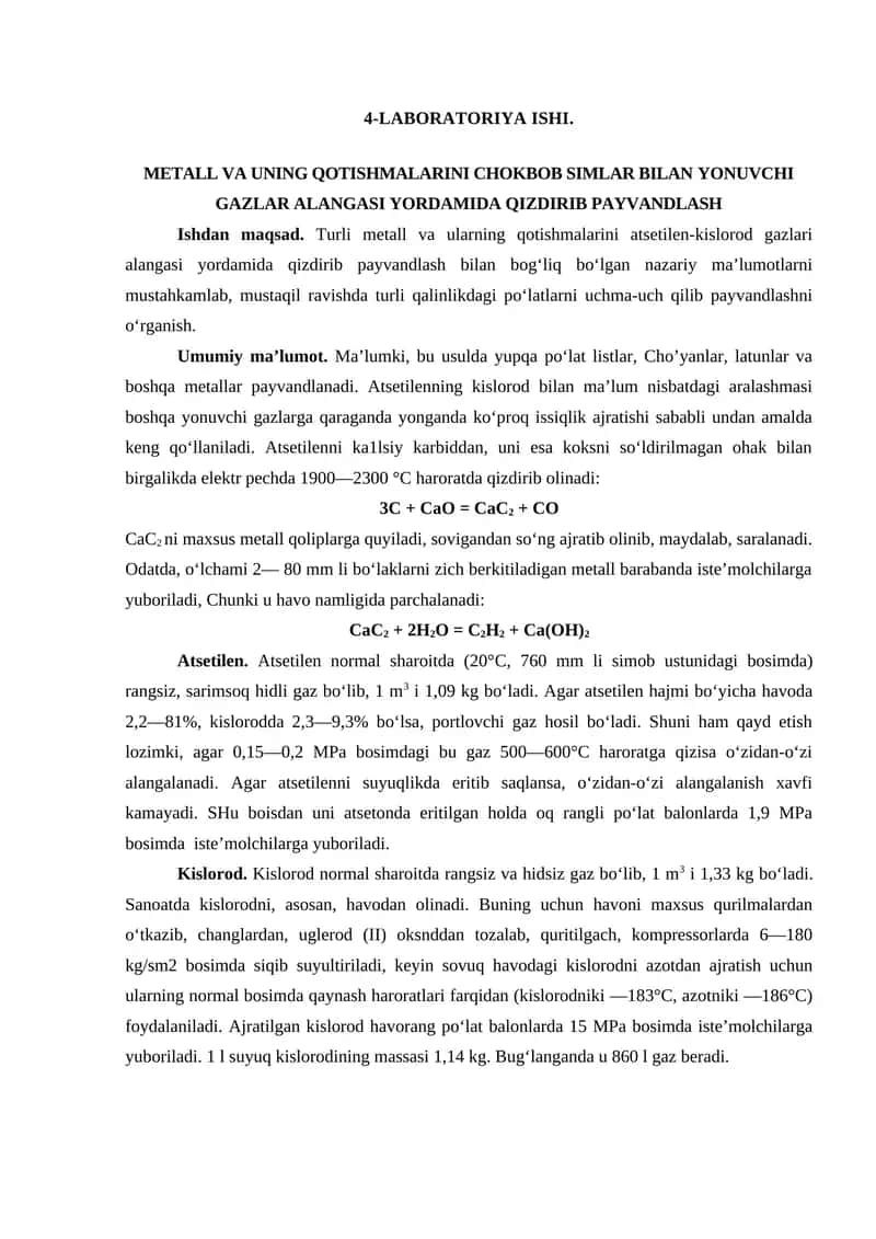 METALL VA UNING QOTISHMALARINI CHOKBOB SIMLAR BILAN YONUVCHI GAZLAR ALANGASI YORDAMIDA QIZDIRIB PAYVANDLASH