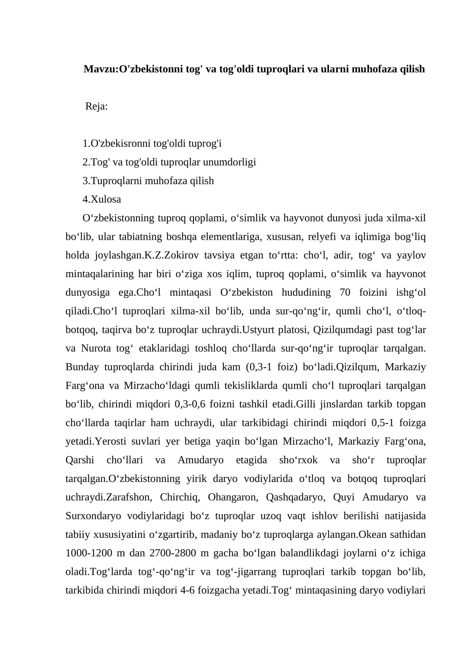 O'zbekistonni tog' va tog'oldi tuproqlari va ularni muhofaza qilish