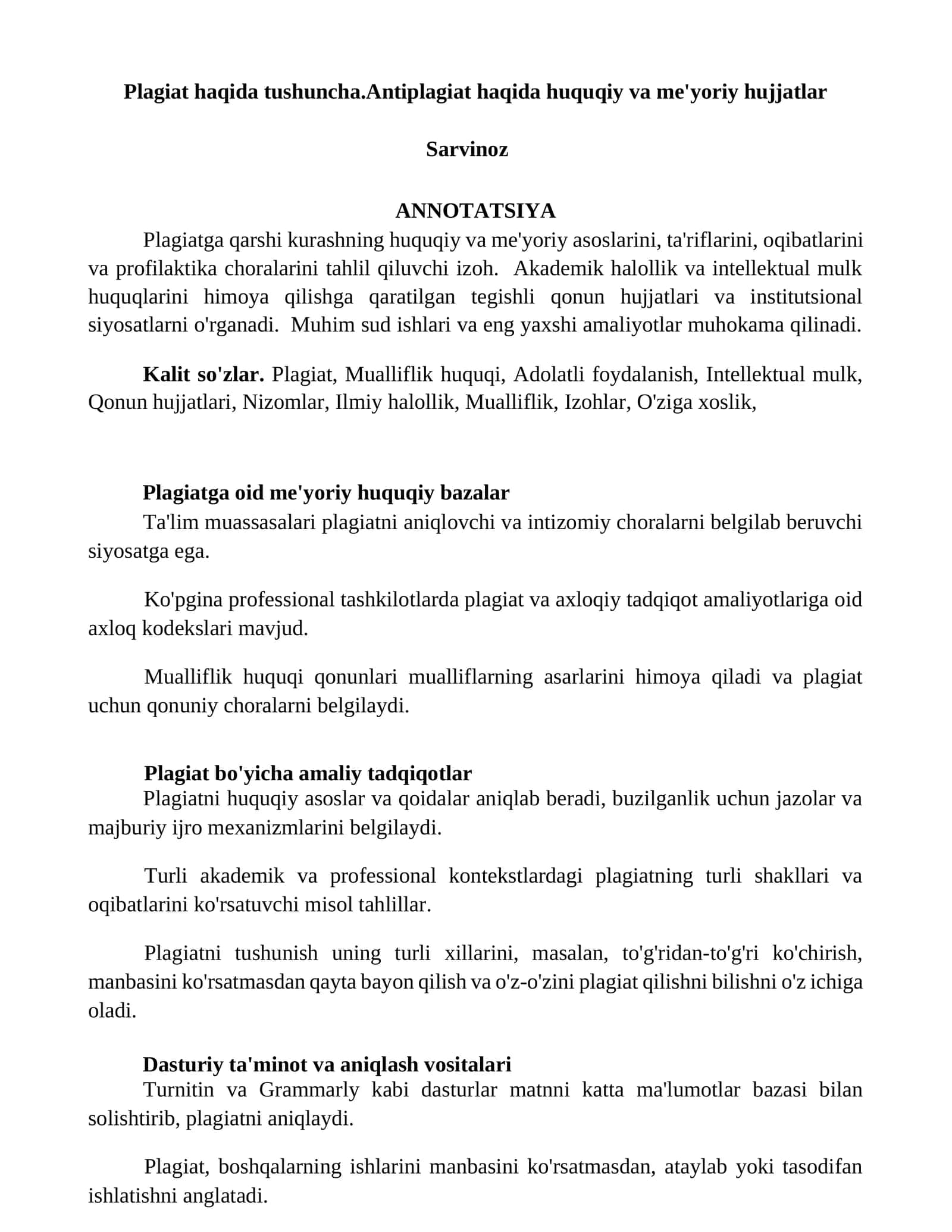 Plagiat haqida tushuncha.Antiplagiat haqida huquqiy va me'yoriy hujjatlar