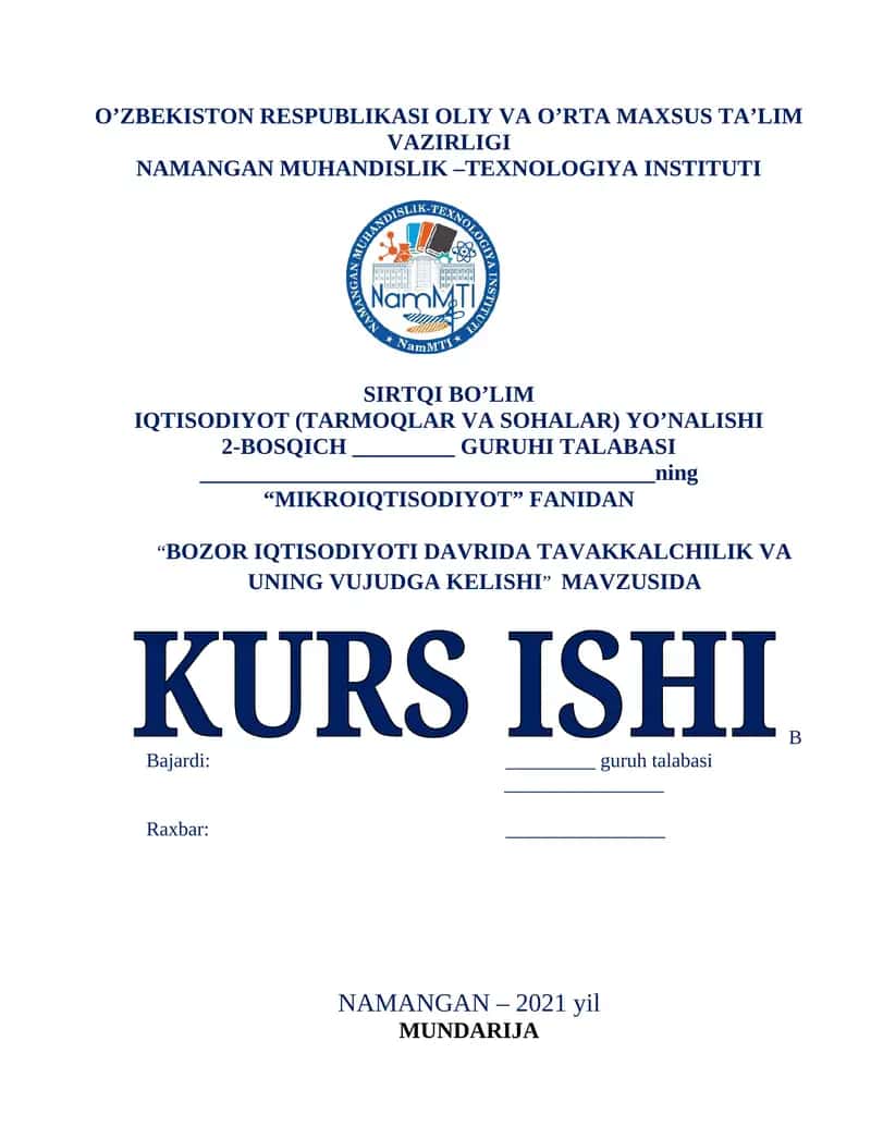BOZOR IQTISODIYOTI DAVRIDA TAVAKKALCHILIK VA UNING VUJUDGA KELISHI