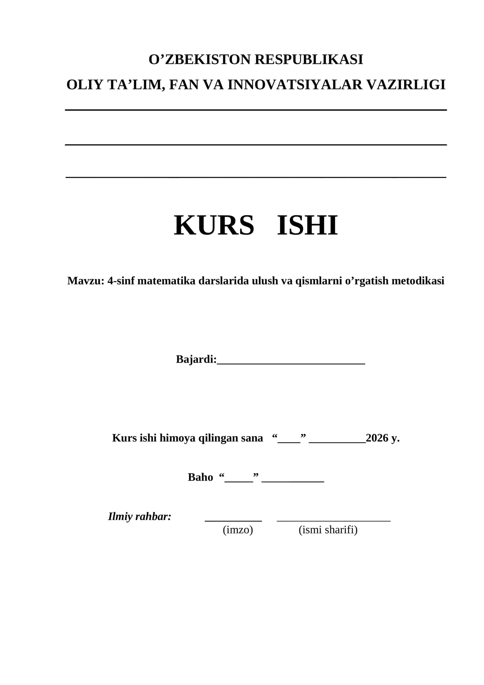 4-sinf matematika darslarida ulush va qismlarni o’rgatish metodikasi kurs ishi
