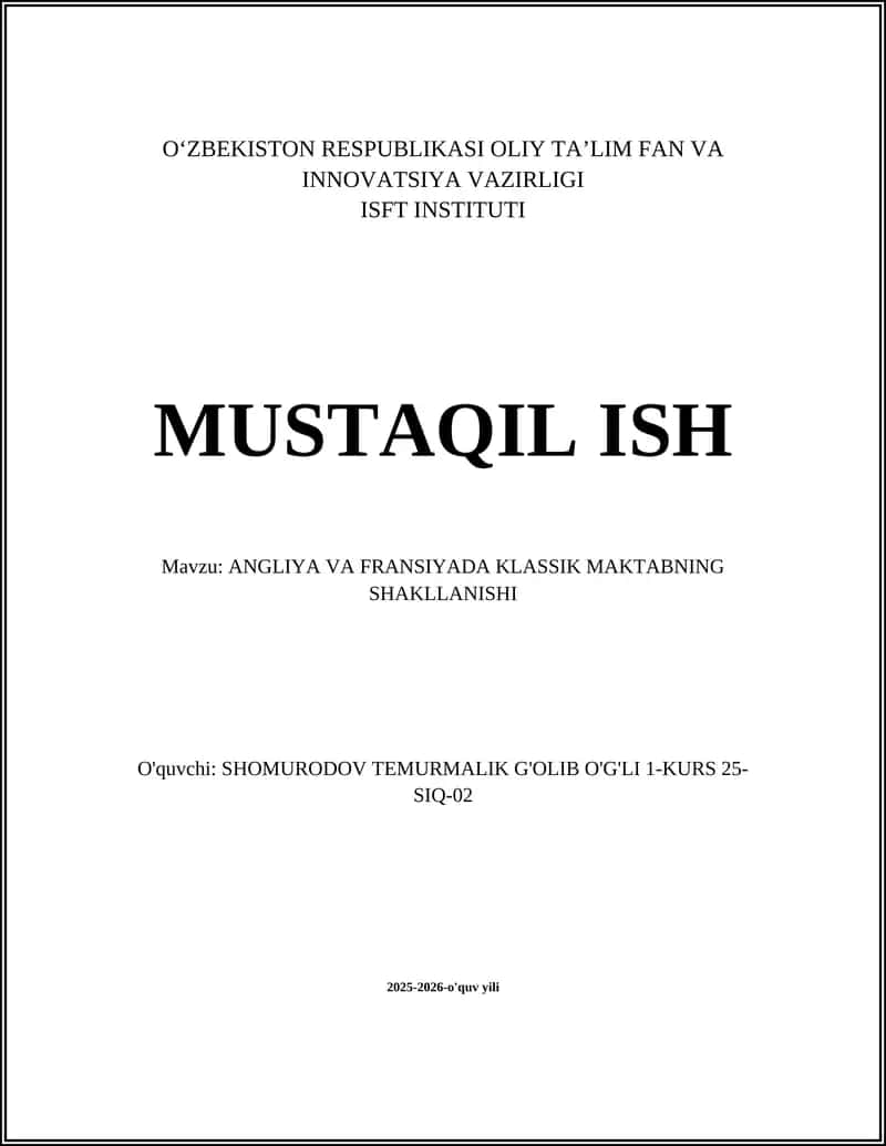 ANGLIYA VA FRANSIYADA KLASSIK MAKTABNING SHAKLLANISHI