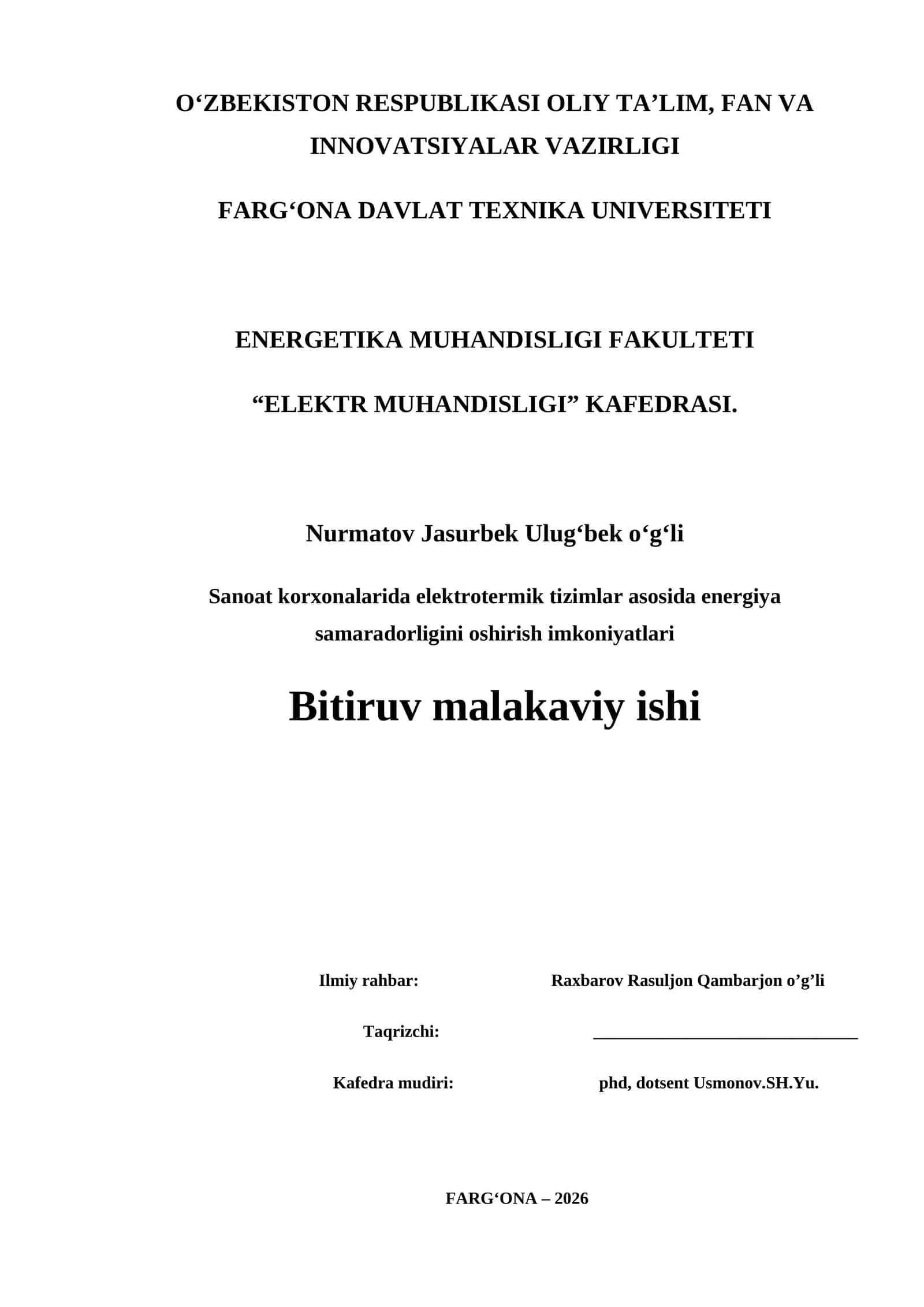Elektrotermik tizimlar asosida energiya samaradorligini oshirish
