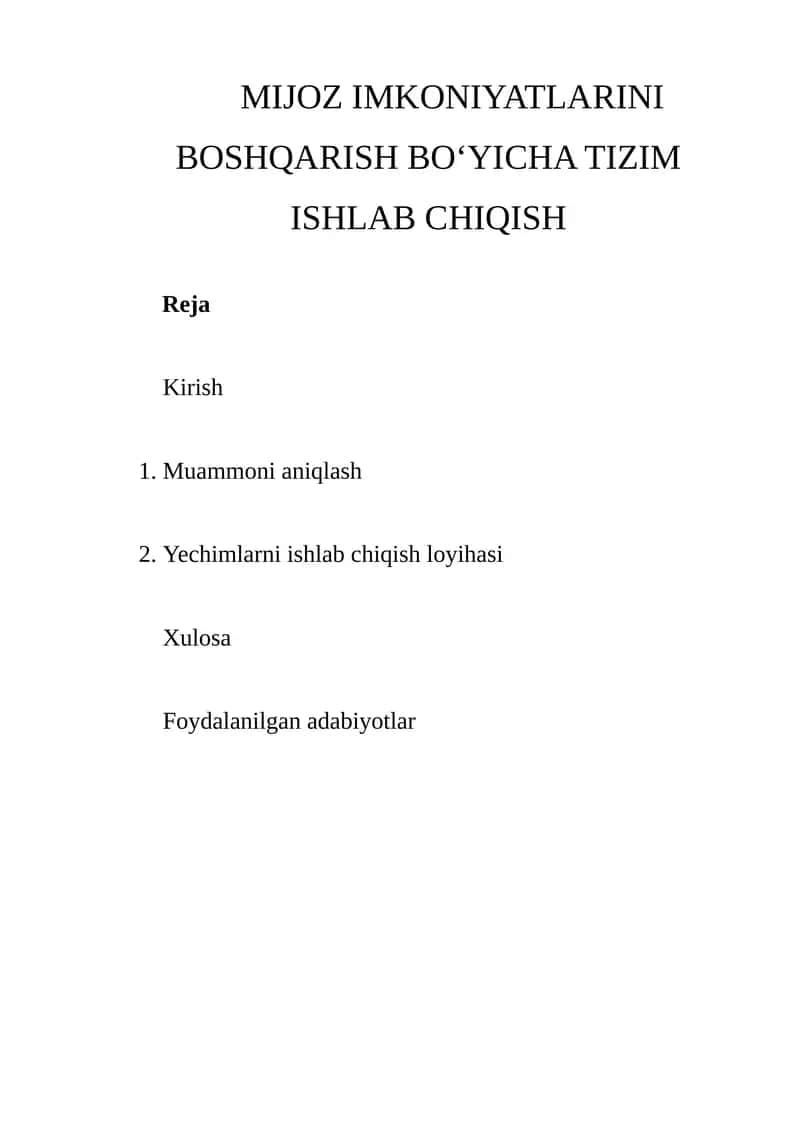 Mijoz Imkoniyatlarini Boshqarish Bo‘yicha Tizim Ishlab Chiqish