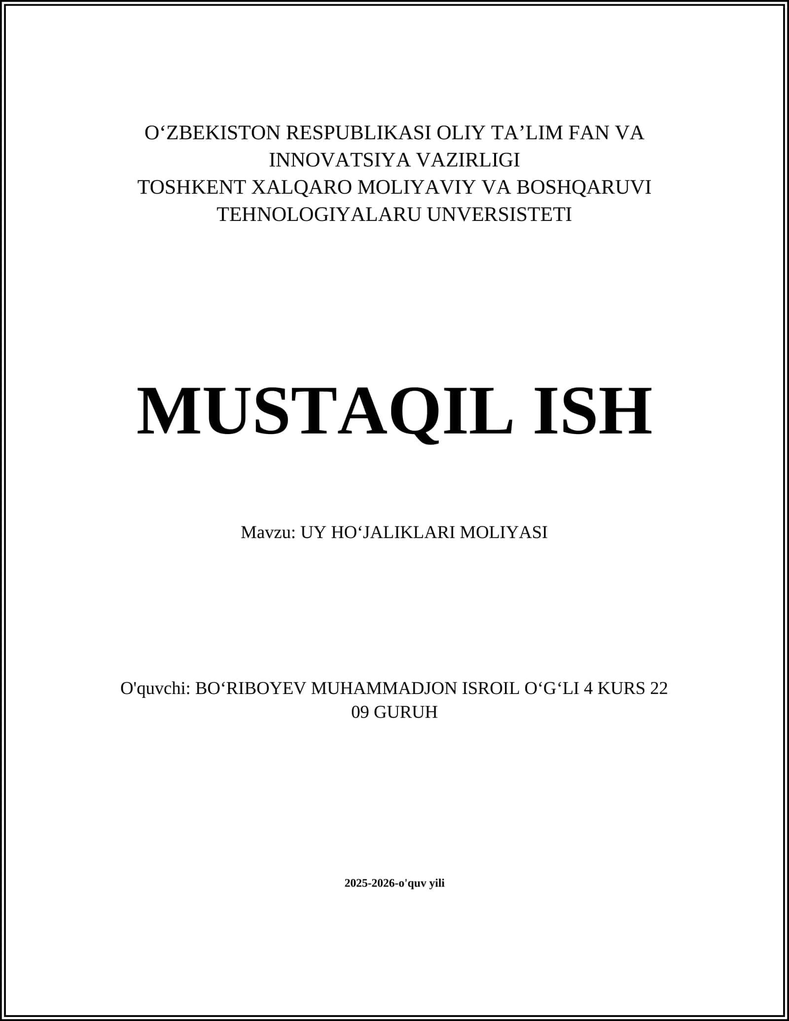 UY HOʻJALIKLARI MOLIYASI