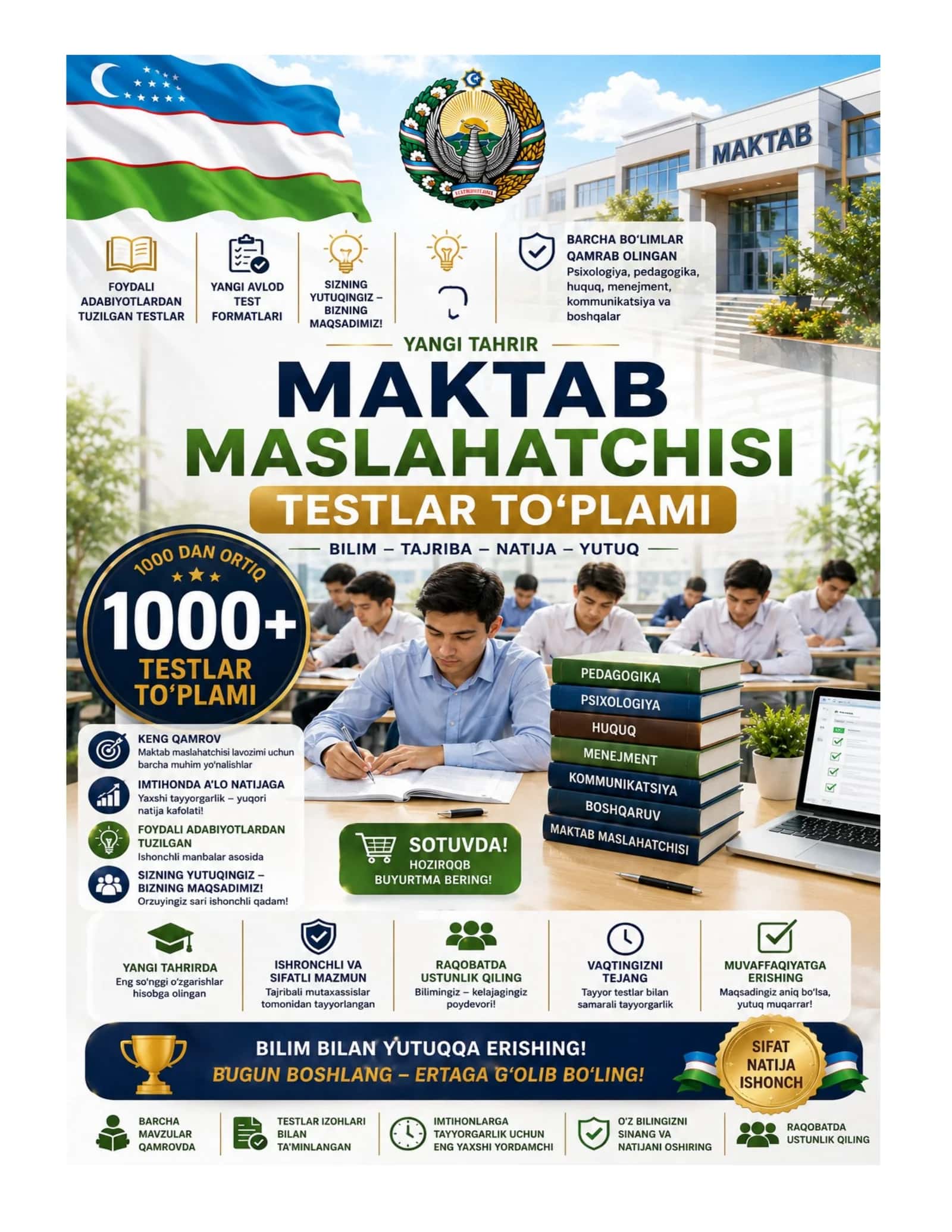 Maktab maslaxatchisi 1000 ta test javoblari bilan