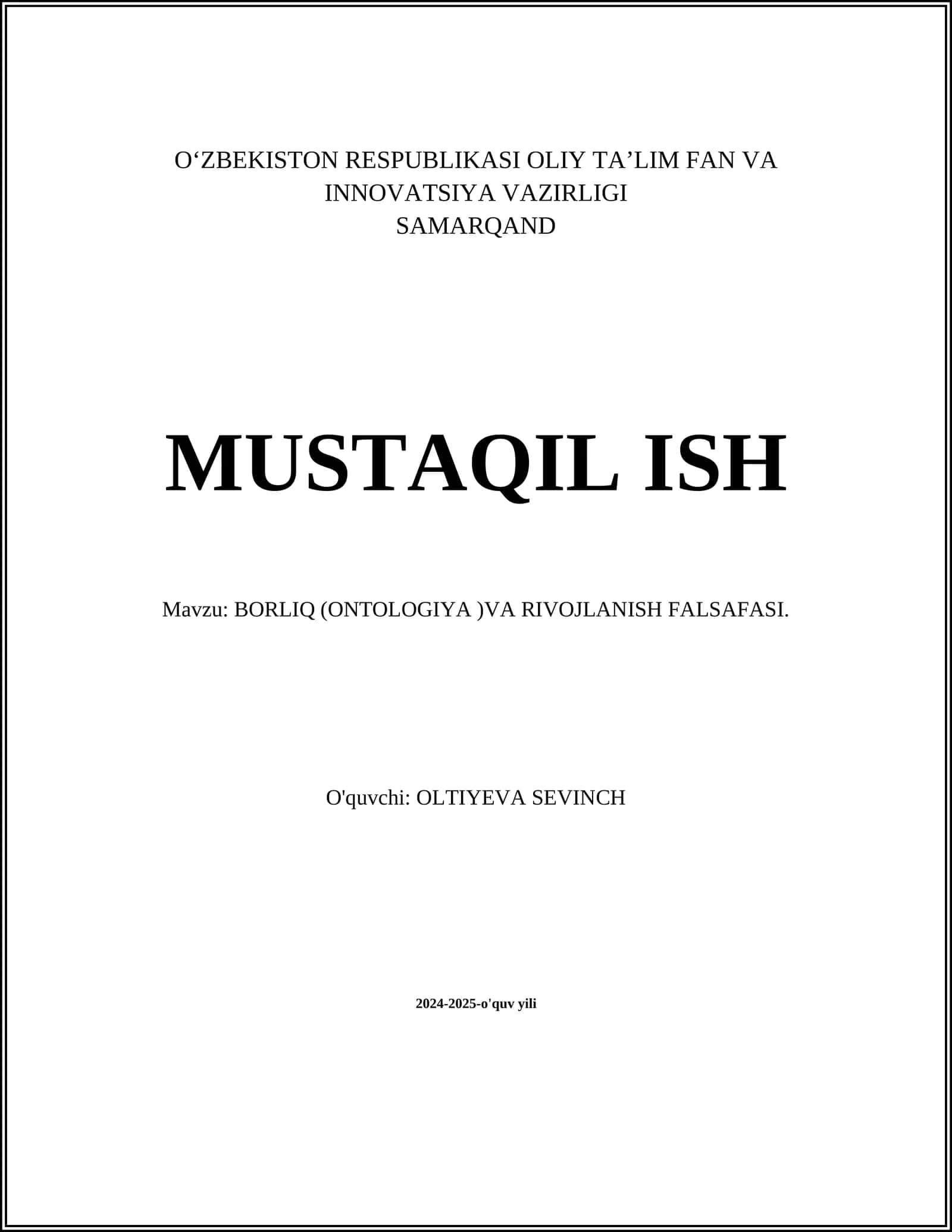 BORLIQ (ONTOLOGIYA) VA RIVOJLANISH FALSAFASI