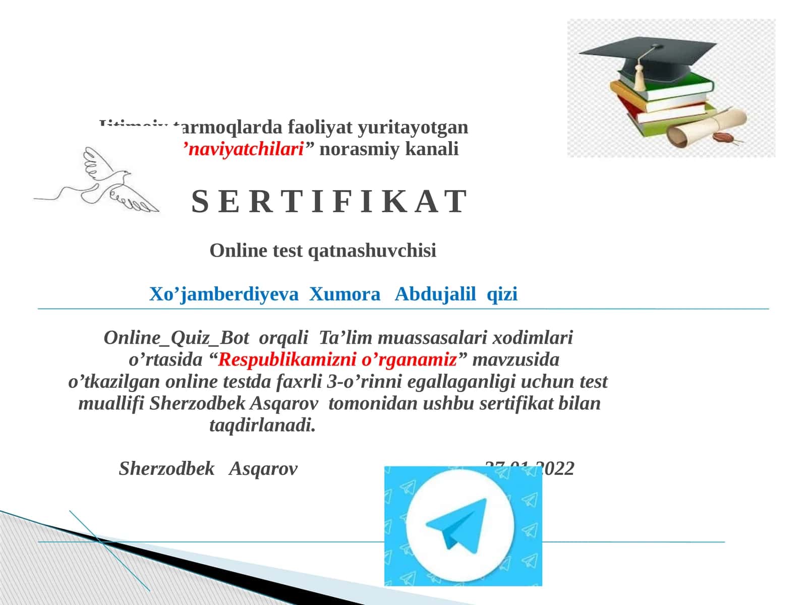 "Respublikamiznio’rganamiz" mavzusida o’tkazilgan onlinetest