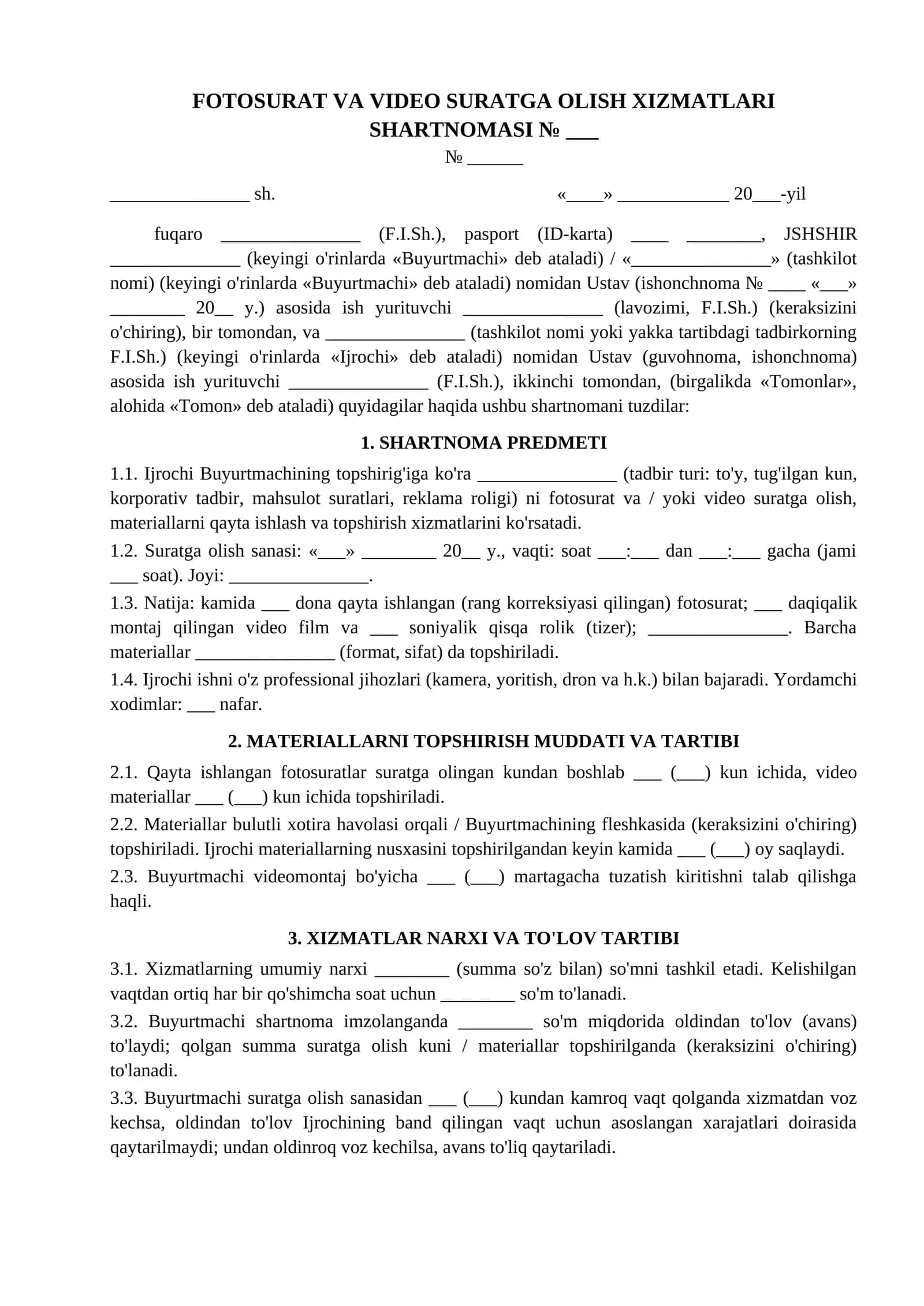 Fotosurat va video suratga olish xizmati shartnomasi namunasi
