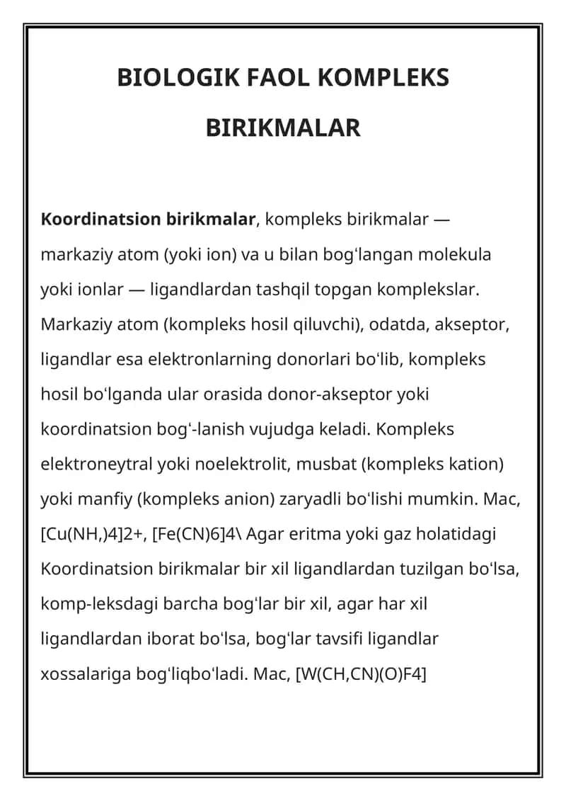 BIOLOGIK FAOL KOMPLEKS BIRIKMALAR