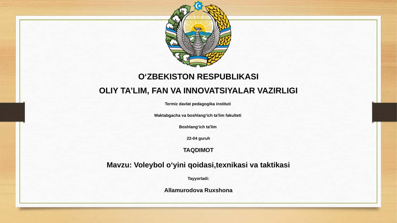 Voleybol oʻyini qoidasi,texnikasi va taktikasi