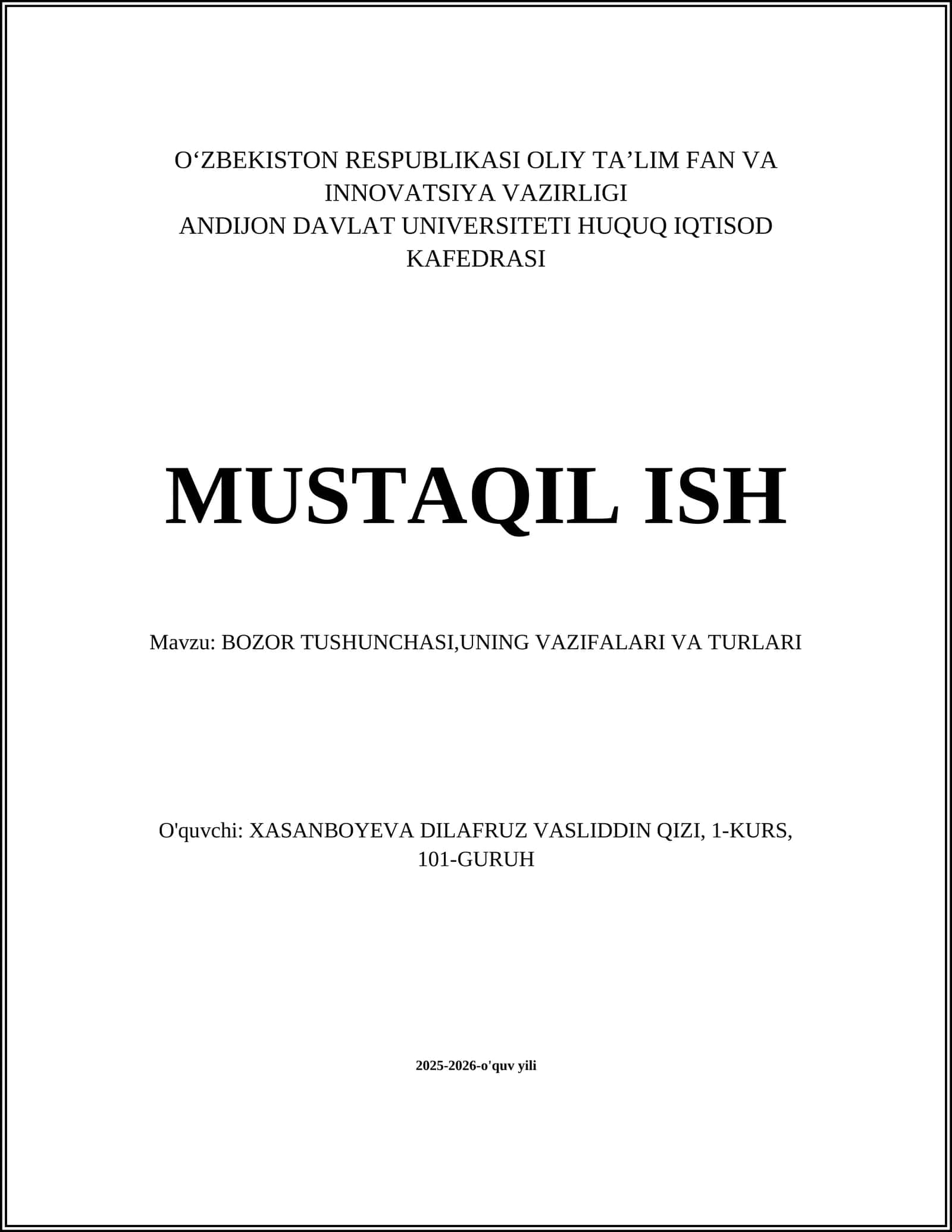 BOZOR TUSHUNCHASI,UNING VAZIFALARI VA TURLARI