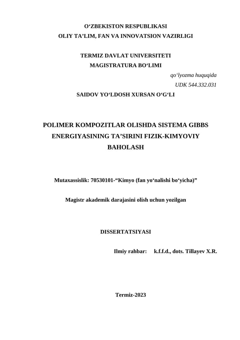 POLIMER KOMPOZITLAR OLISHDA SISTEMA GIBBS ENERGIYASINING TA’SIRINI FIZIK-KIMYOVIY BAHOLASH
