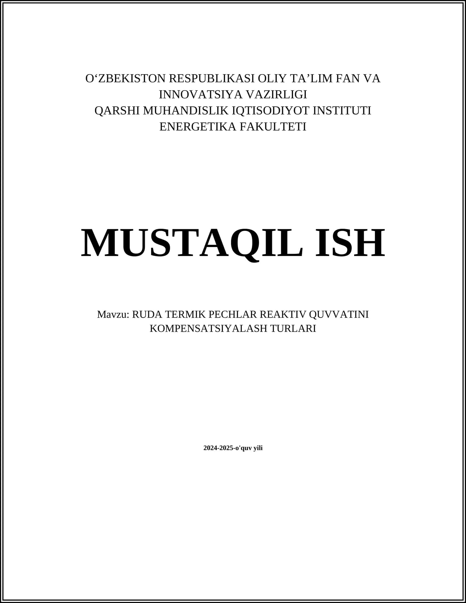 RUDA TERMIK PECHLAR REAKTIV QUVVATINI KOMPENSATSIYALASH TURLARI