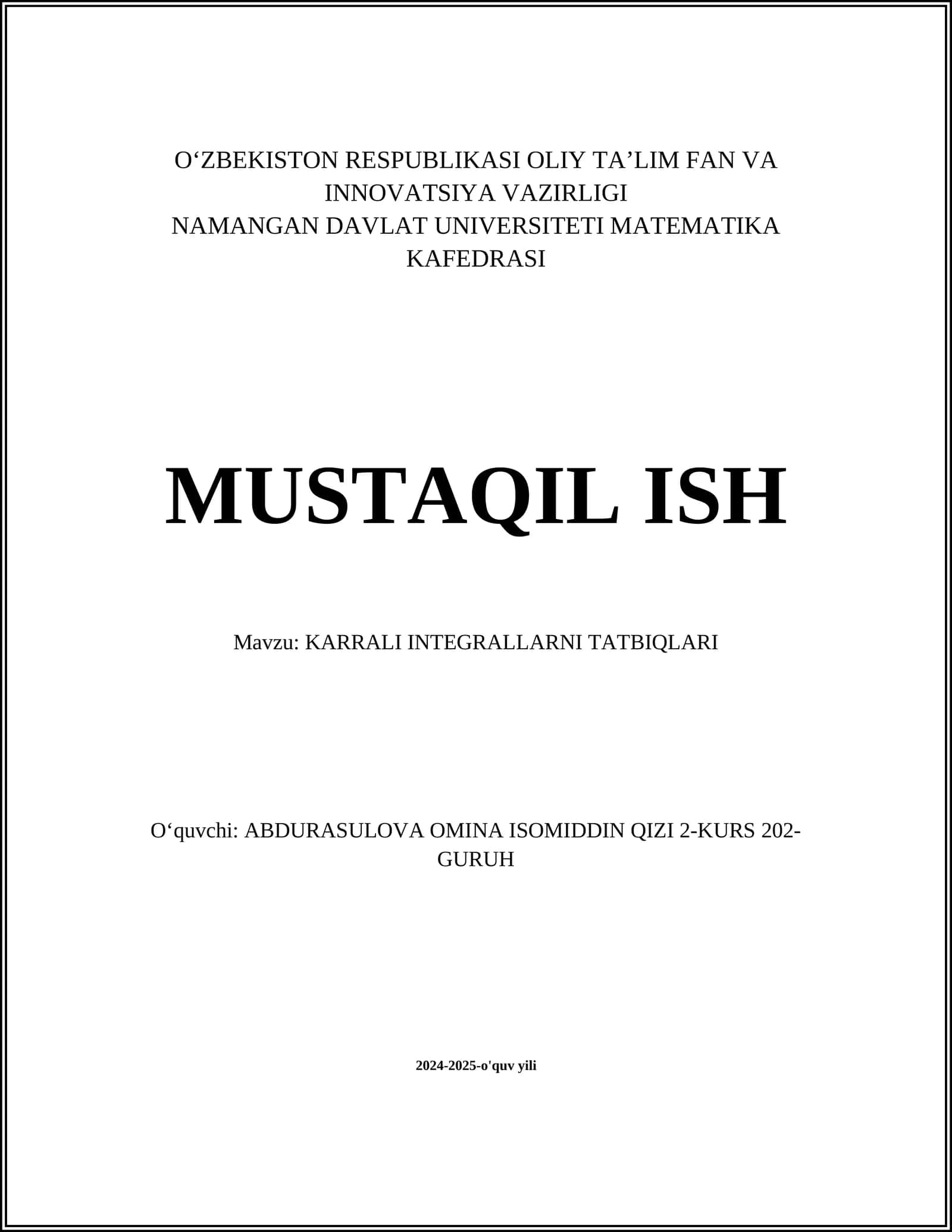 KARRALI INTEGRALLARNI TATBIQLARI