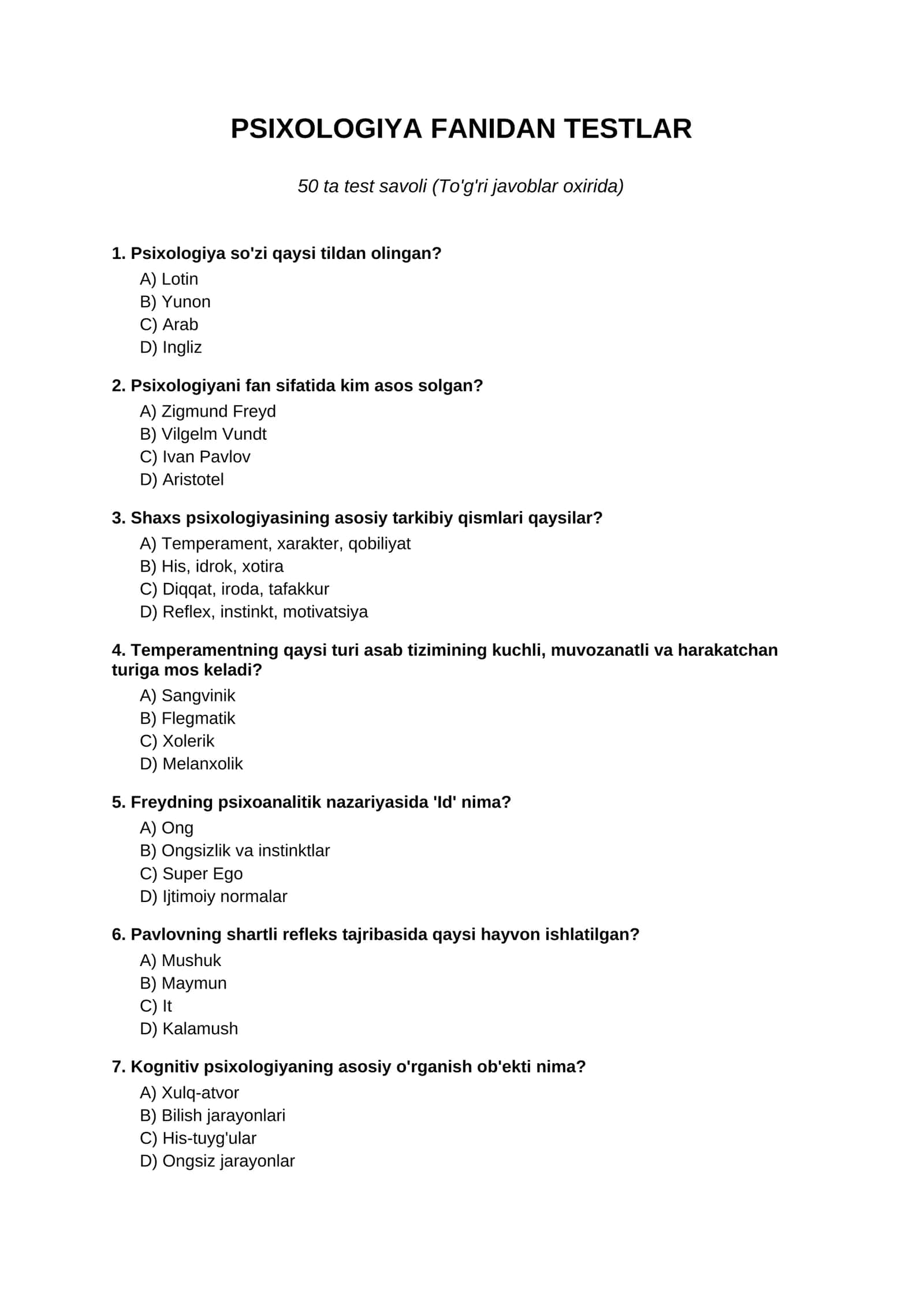 PSIXOLOGIYA FANIDAN TESTLAR