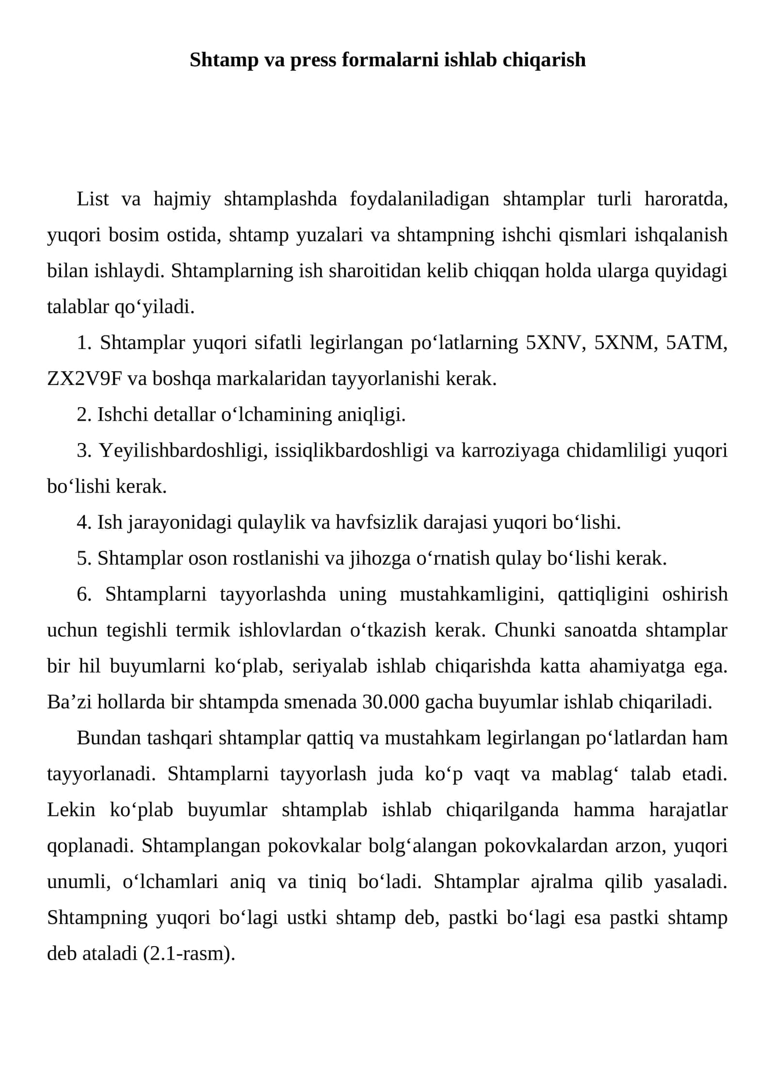 Shtamp va press formalarni ishlab chiqarish