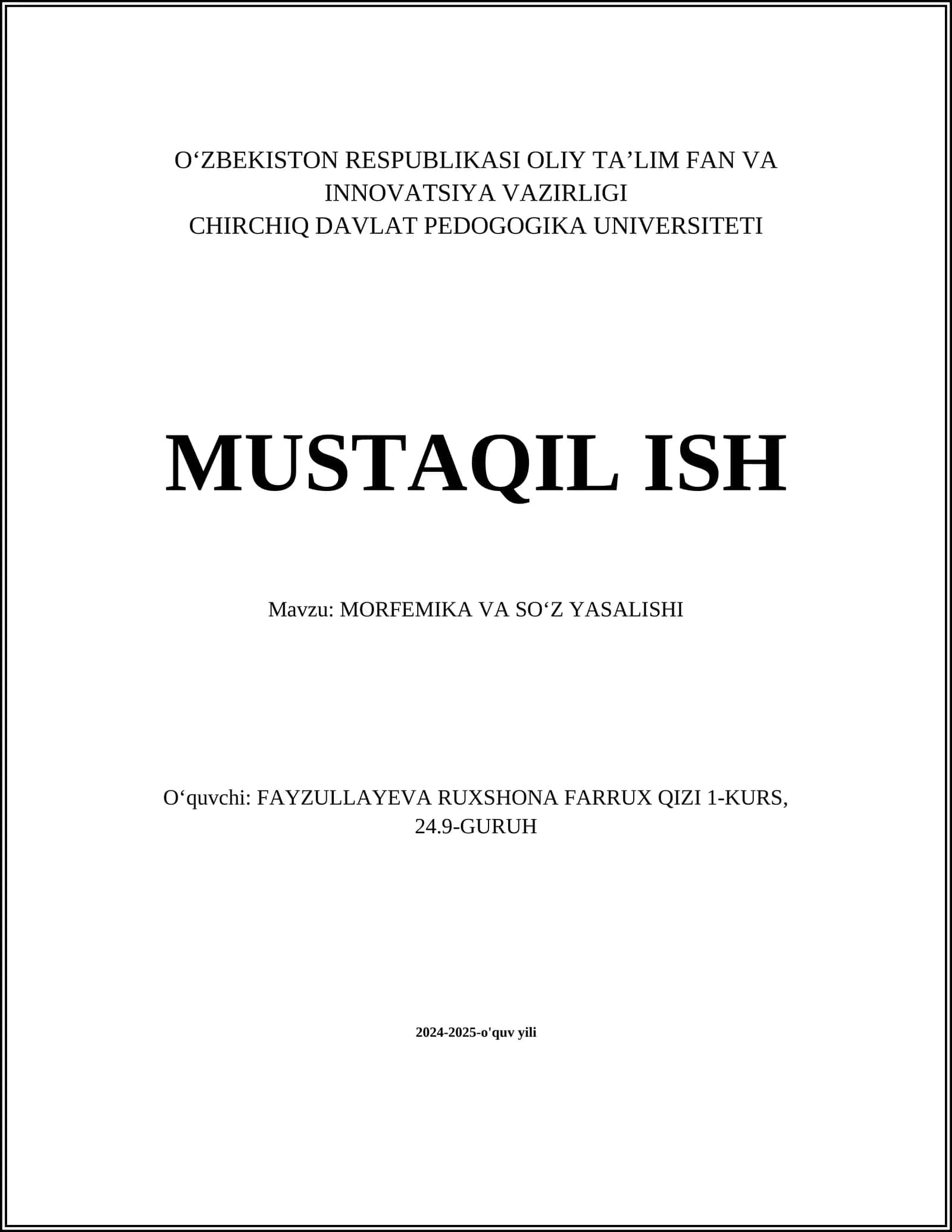 MORFEMIKA VA SOʻZ YASALISHI