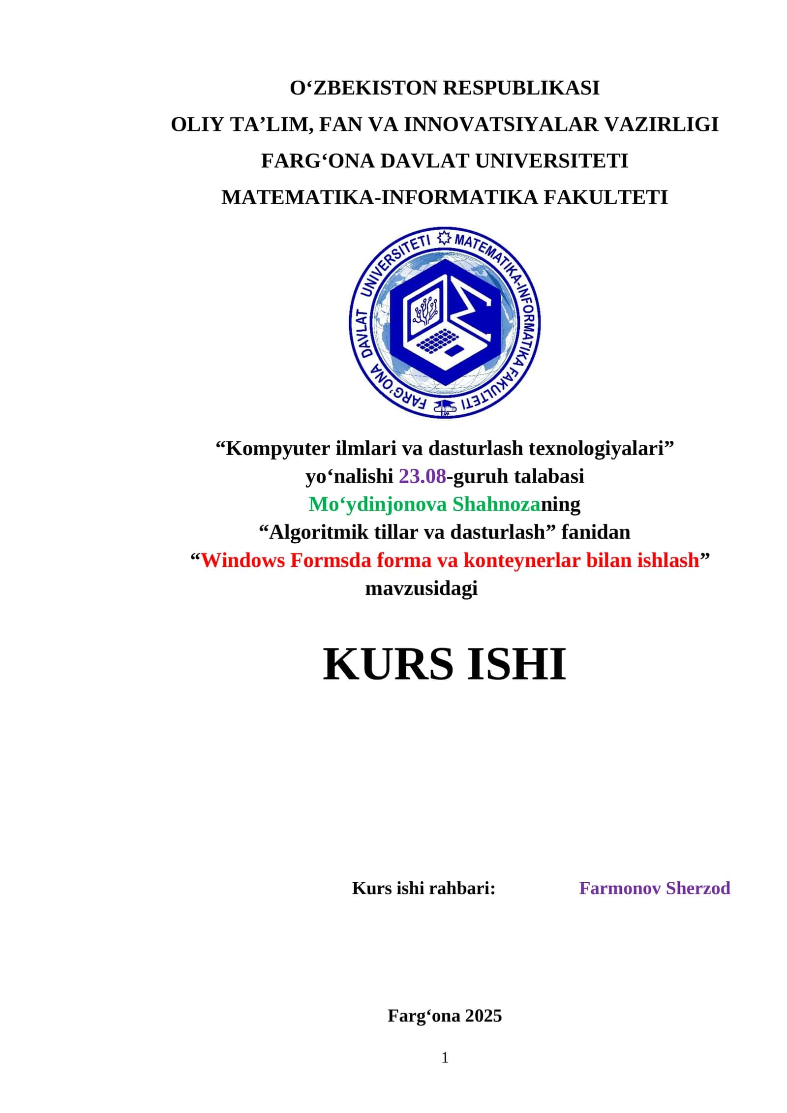 Windows Formsda forma va konteynerlar bilan ishlash