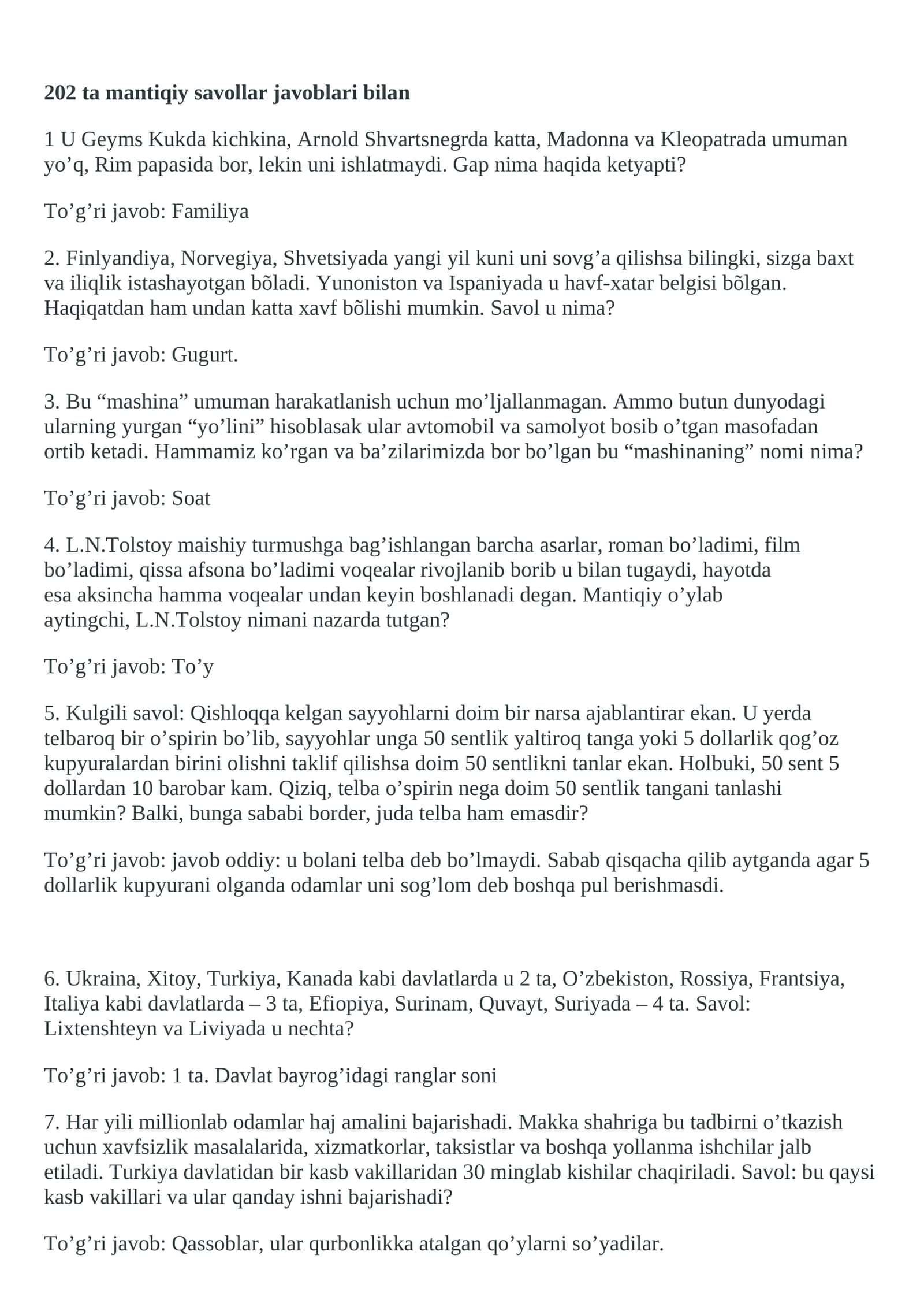 Mantiqiy savollar 202 ta javoblari bilan